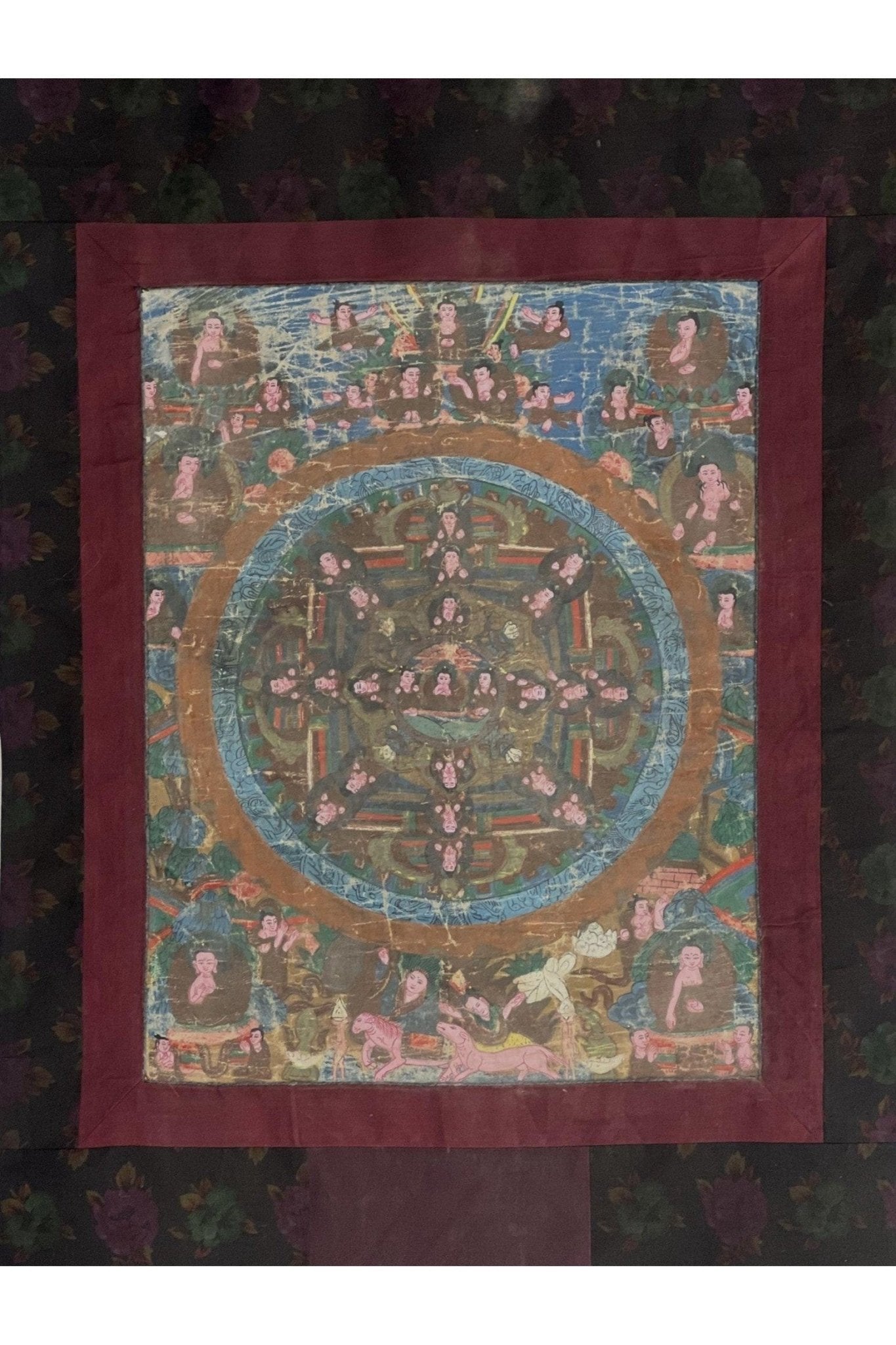 Vintage Buddha Life Story Tibetan Thangka Painting Original Art/ Hand - Painting with Half Cotton Brocade - Tibetan Thangka Art