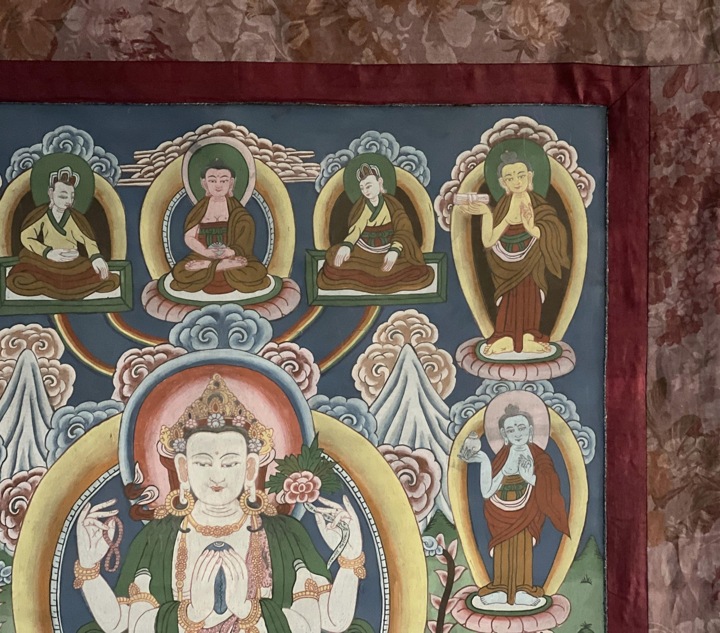 Vintage Chaturbhuja Avalokiteshvara / Chenrezig with Bodhisattvas and Guardian Deities Masterpiece Tibetan Thangka Painting With Brocade - Tibetan Thangka Art