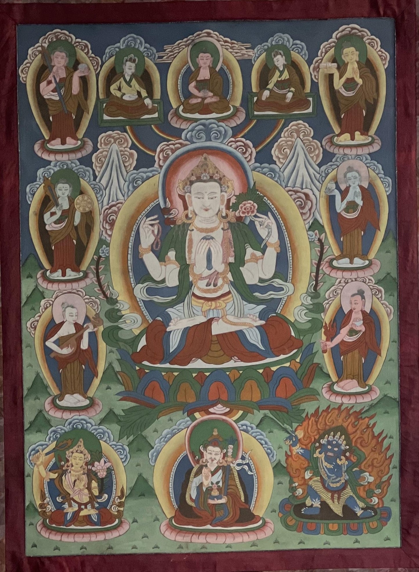 Vintage Chaturbhuja Avalokiteshvara / Chenrezig with Bodhisattvas and Guardian Deities Masterpiece Tibetan Thangka Painting With Brocade - Tibetan Thangka Art
