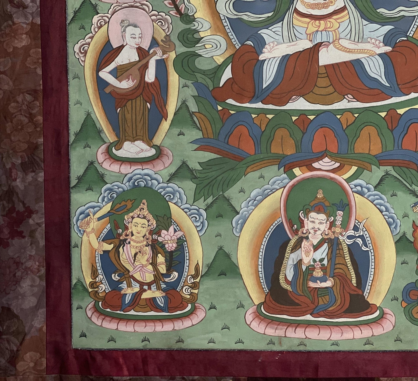 Vintage Chaturbhuja Avalokiteshvara / Chenrezig with Bodhisattvas and Guardian Deities Masterpiece Tibetan Thangka Painting With Brocade - Tibetan Thangka Art
