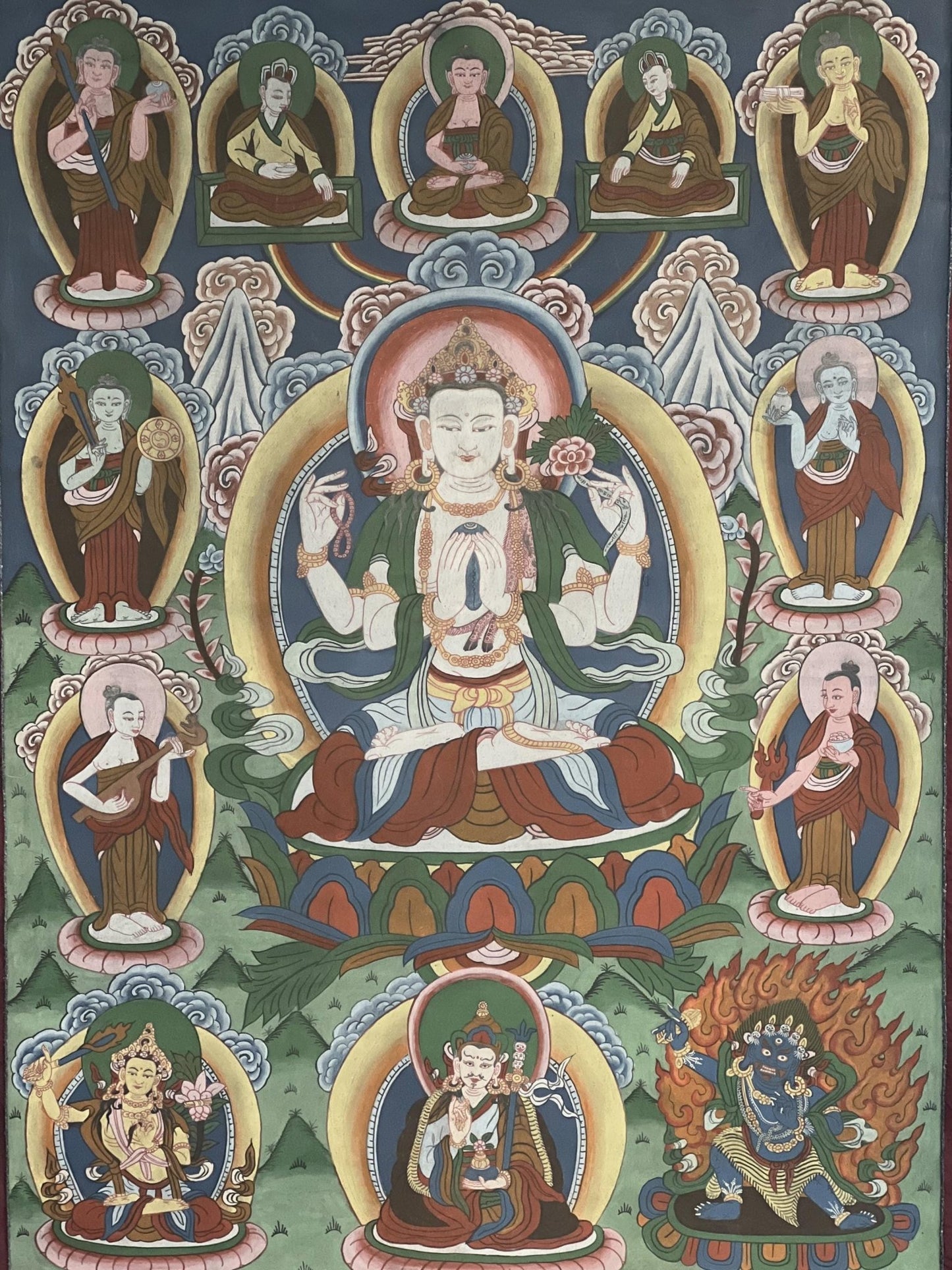 Vintage Chaturbhuja Avalokiteshvara / Chenrezig with Bodhisattvas and Guardian Deities Masterpiece Tibetan Thangka Painting With Brocade - Tibetan Thangka Art