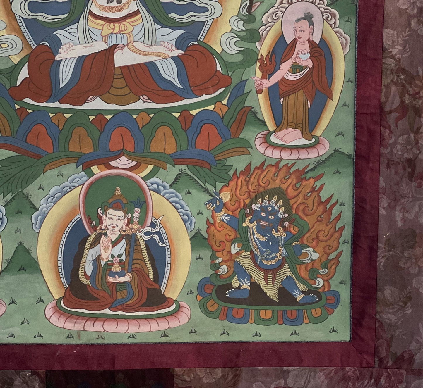 Vintage Chaturbhuja Avalokiteshvara / Chenrezig with Bodhisattvas and Guardian Deities Masterpiece Tibetan Thangka Painting With Brocade - Tibetan Thangka Art