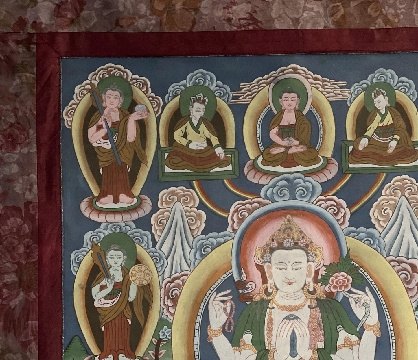 Vintage Chaturbhuja Avalokiteshvara / Chenrezig with Bodhisattvas and Guardian Deities Masterpiece Tibetan Thangka Painting With Brocade - Tibetan Thangka Art