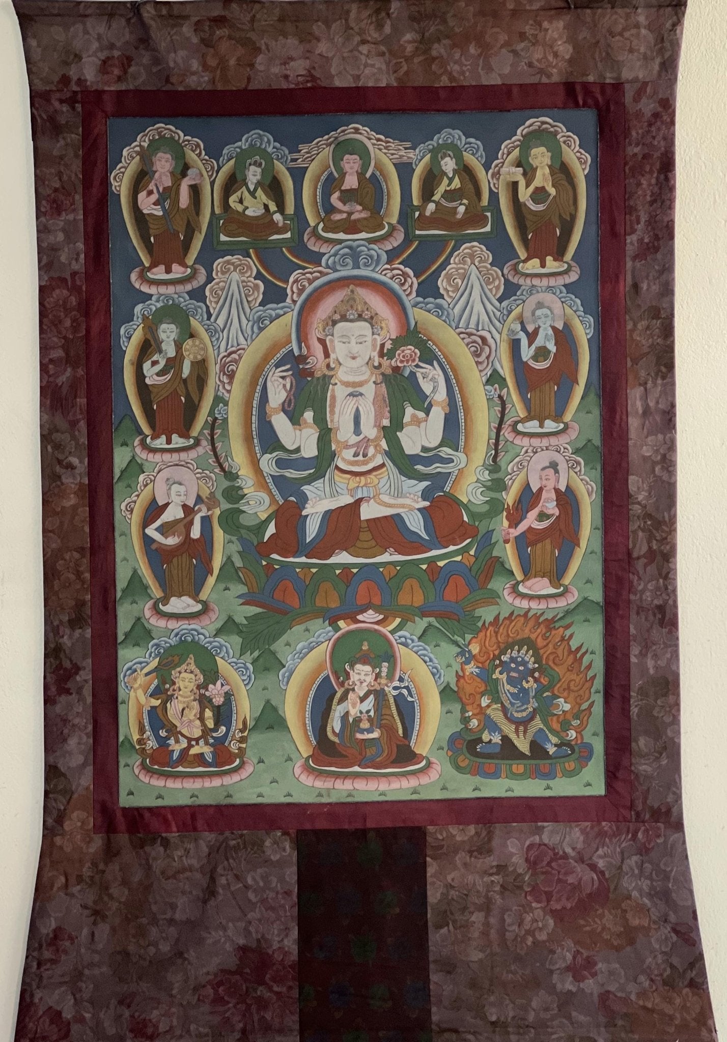 Vintage Chaturbhuja Avalokiteshvara / Chenrezig with Bodhisattvas and Guardian Deities Masterpiece Tibetan Thangka Painting With Brocade - Tibetan Thangka Art
