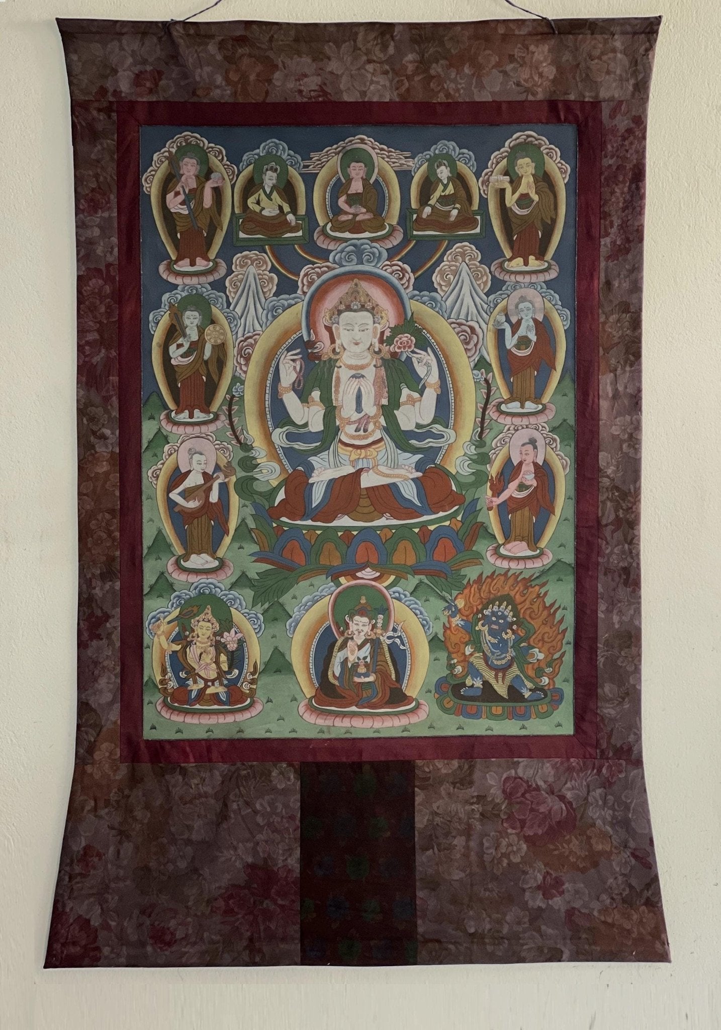 Vintage Chaturbhuja Avalokiteshvara / Chenrezig with Bodhisattvas and Guardian Deities Masterpiece Tibetan Thangka Painting With Brocade - Tibetan Thangka Art