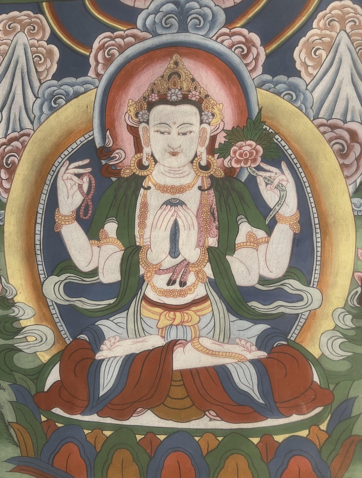 Vintage Chaturbhuja Avalokiteshvara / Chenrezig with Bodhisattvas and Guardian Deities Masterpiece Tibetan Thangka Painting With Brocade - Tibetan Thangka Art