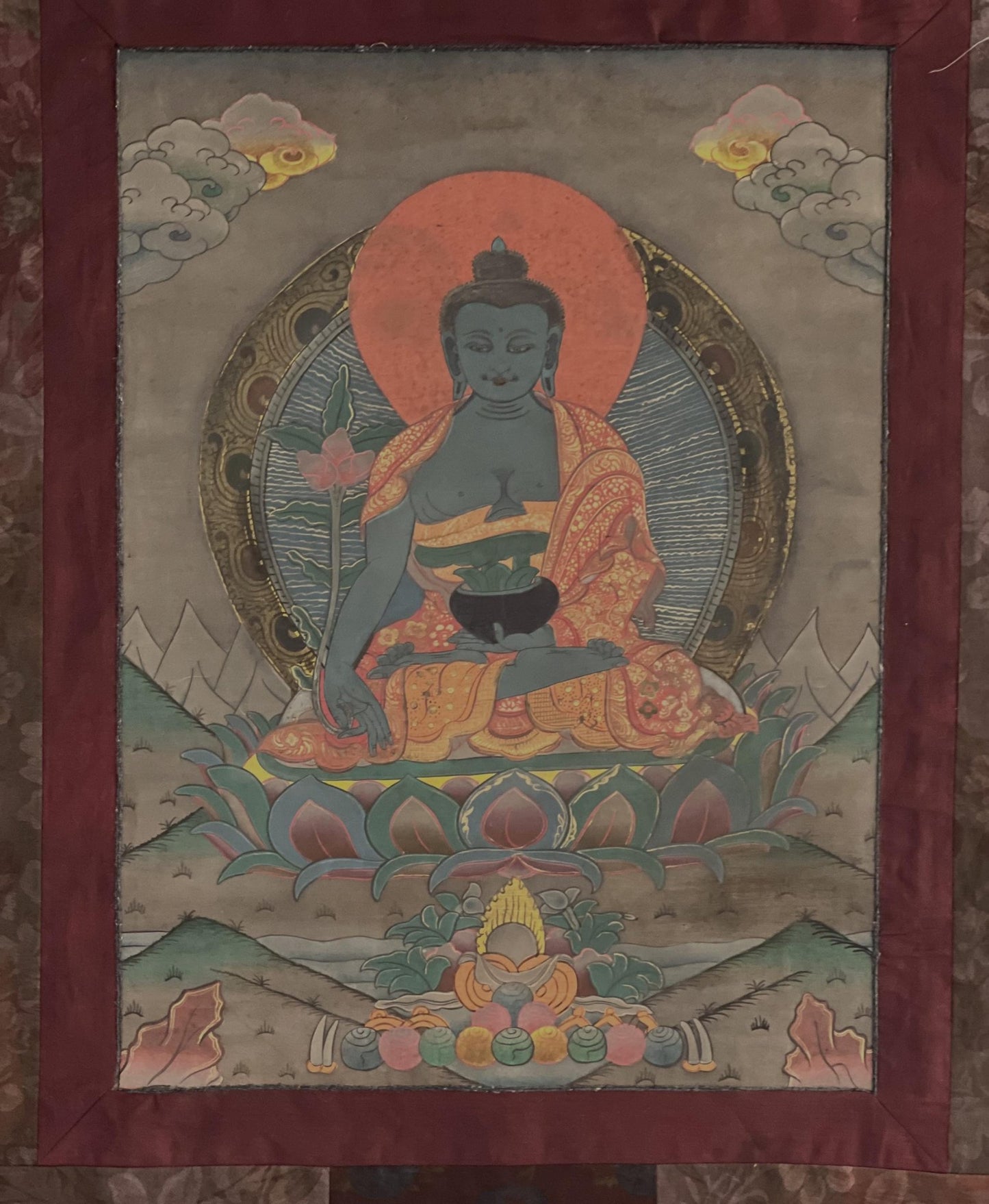 Vintage Medicine Buddha BhaisajyaGuru | Original Tibetan Thangka Painting | Wall Hanging Meditation Art with Narrow Cotton Border - Tibetan Thangka Art