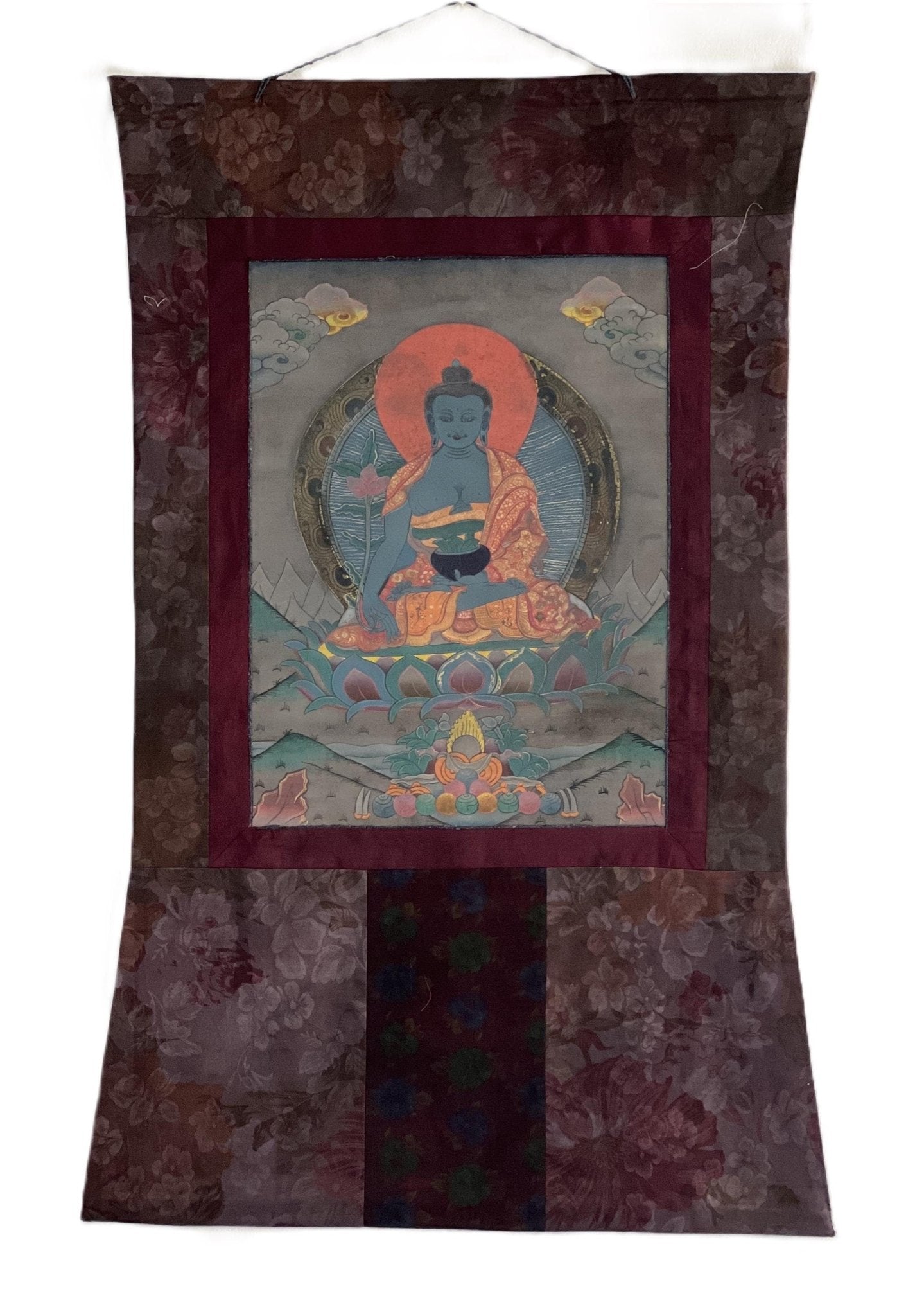 Vintage Medicine Buddha BhaisajyaGuru | Original Tibetan Thangka Painting | Wall Hanging Meditation Art with Narrow Cotton Border - Tibetan Thangka Art