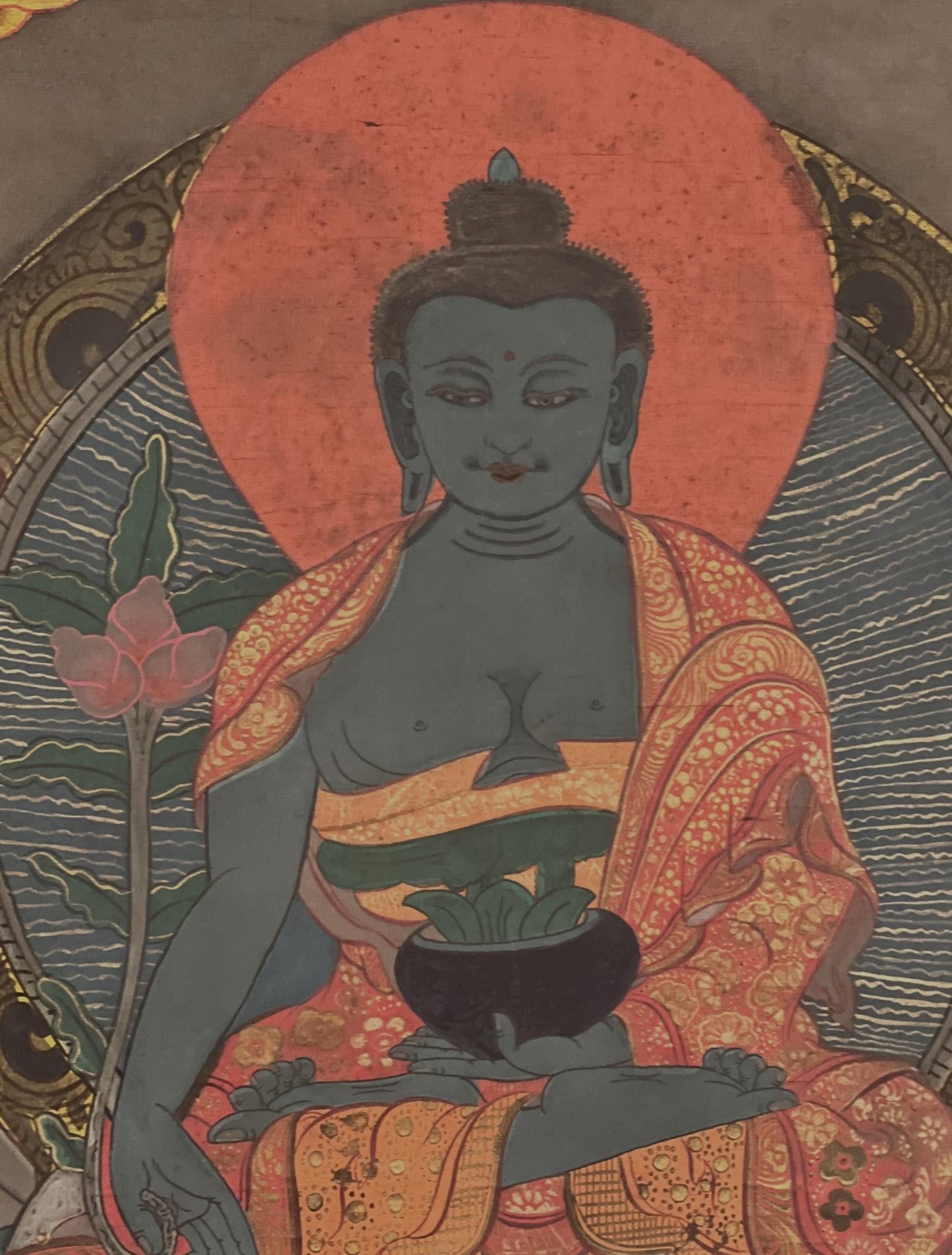 Vintage Medicine Buddha BhaisajyaGuru | Original Tibetan Thangka Painting | Wall Hanging Meditation Art with Narrow Cotton Border - Tibetan Thangka Art