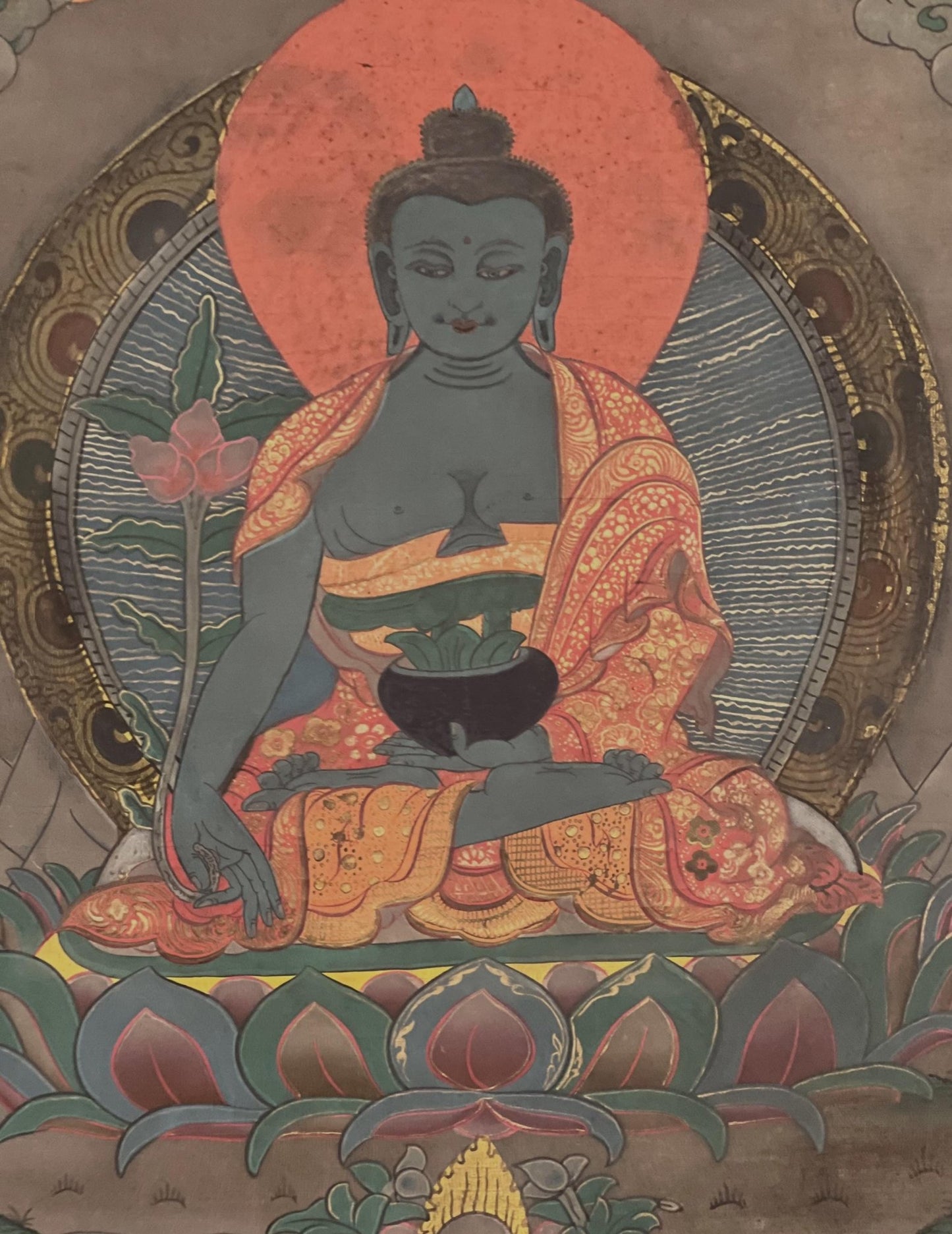 Vintage Medicine Buddha BhaisajyaGuru | Original Tibetan Thangka Painting | Wall Hanging Meditation Art with Narrow Cotton Border - Tibetan Thangka Art