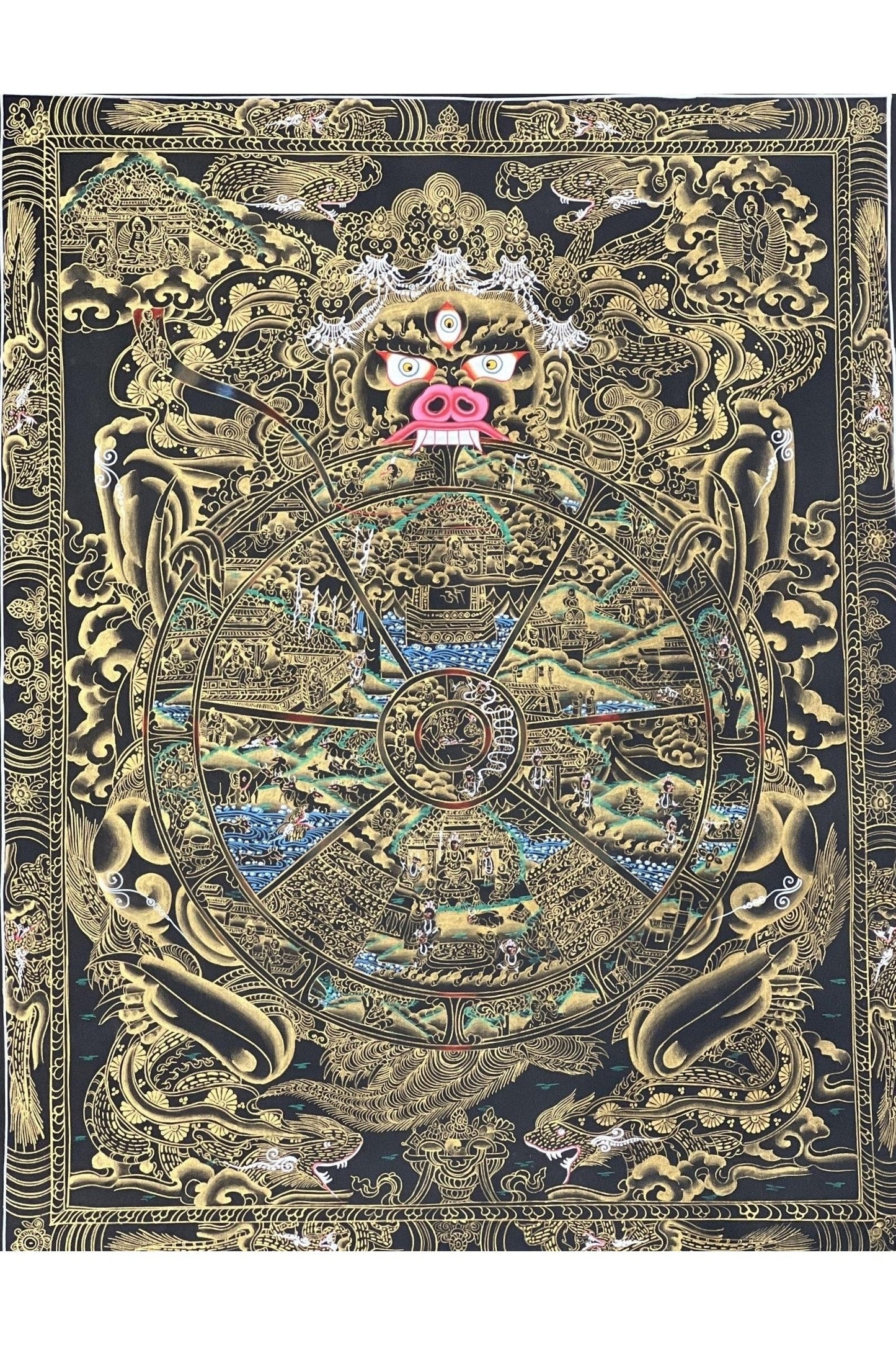 Wheel of Life/ Bhavacakra / Samsara Chakra/ Riduk Mandala Masterpiece Black and Gold Original Tibetan Thangka Painting / Wall Hanging - Tibetan Thangka Art