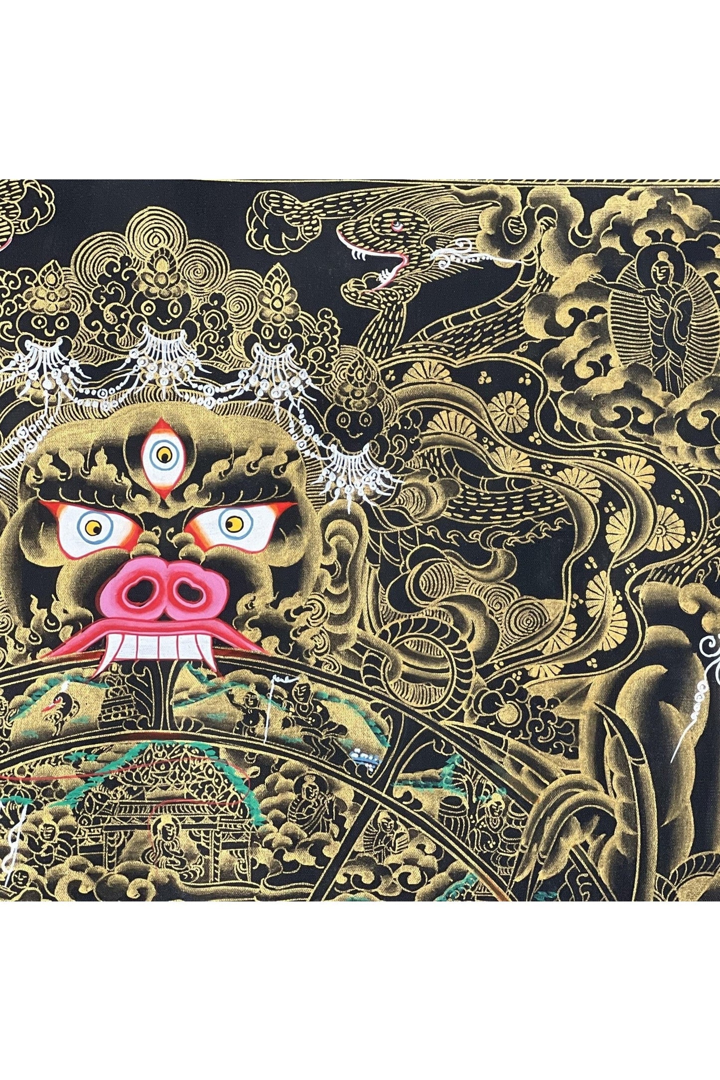 Wheel of Life/ Bhavacakra / Samsara Chakra/ Riduk Mandala Masterpiece Black and Gold Original Tibetan Thangka Painting / Wall Hanging - Tibetan Thangka Art