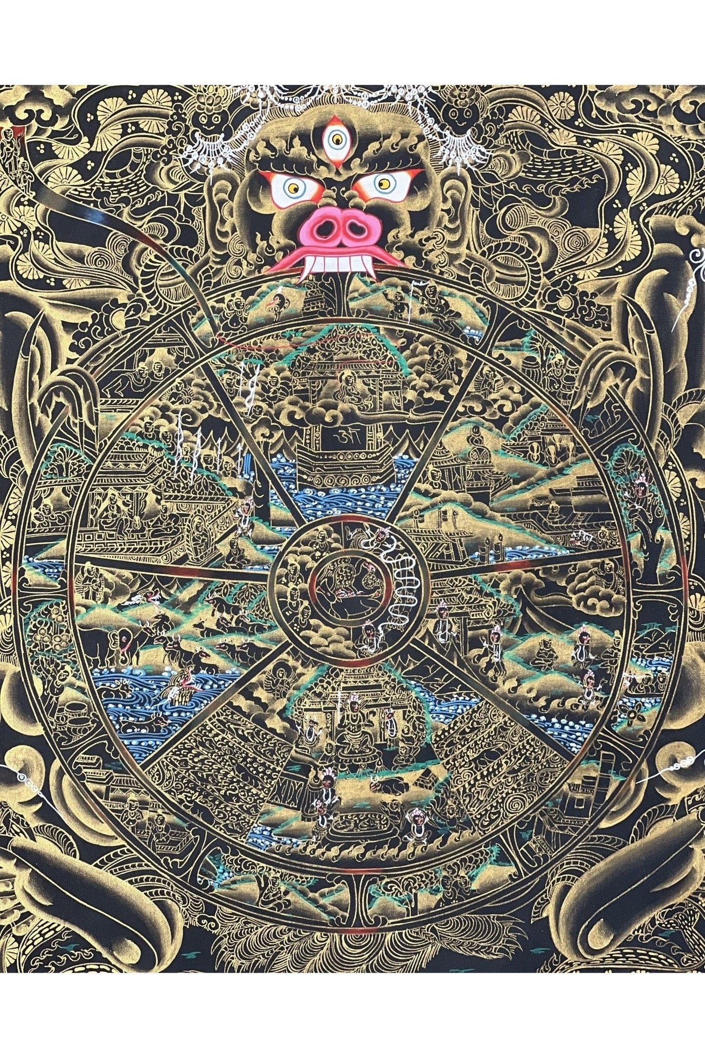 Wheel of Life/ Bhavacakra / Samsara Chakra/ Riduk Mandala Masterpiece Black and Gold Original Tibetan Thangka Painting / Wall Hanging - Tibetan Thangka Art