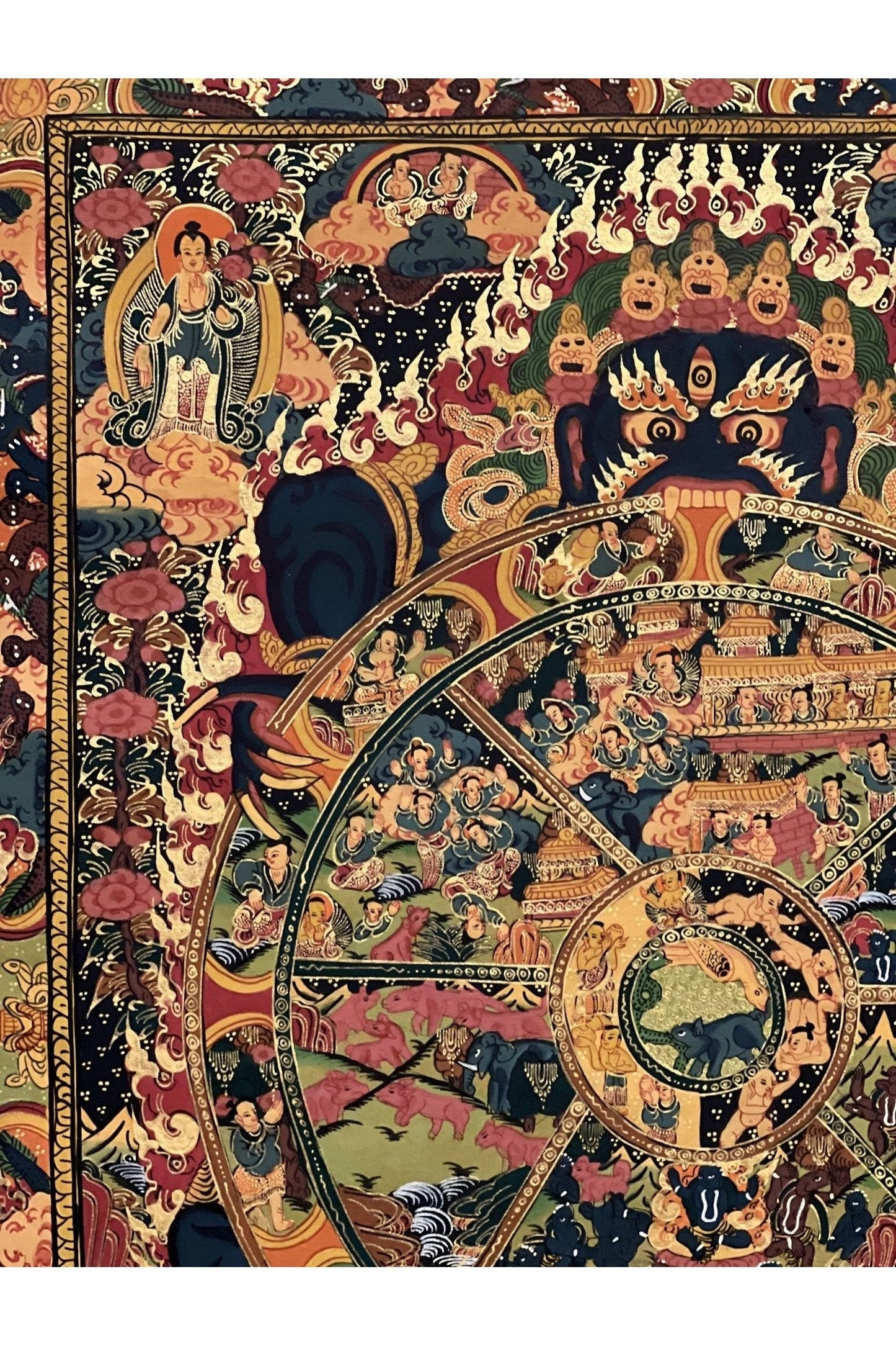 Wheel of Life Bhavacakra/ Samsara Mandala Masterpiece Smoky Tibetan Thangka Painting Original Art/ Meditation Wall Hanging - Tibetan Thangka Art