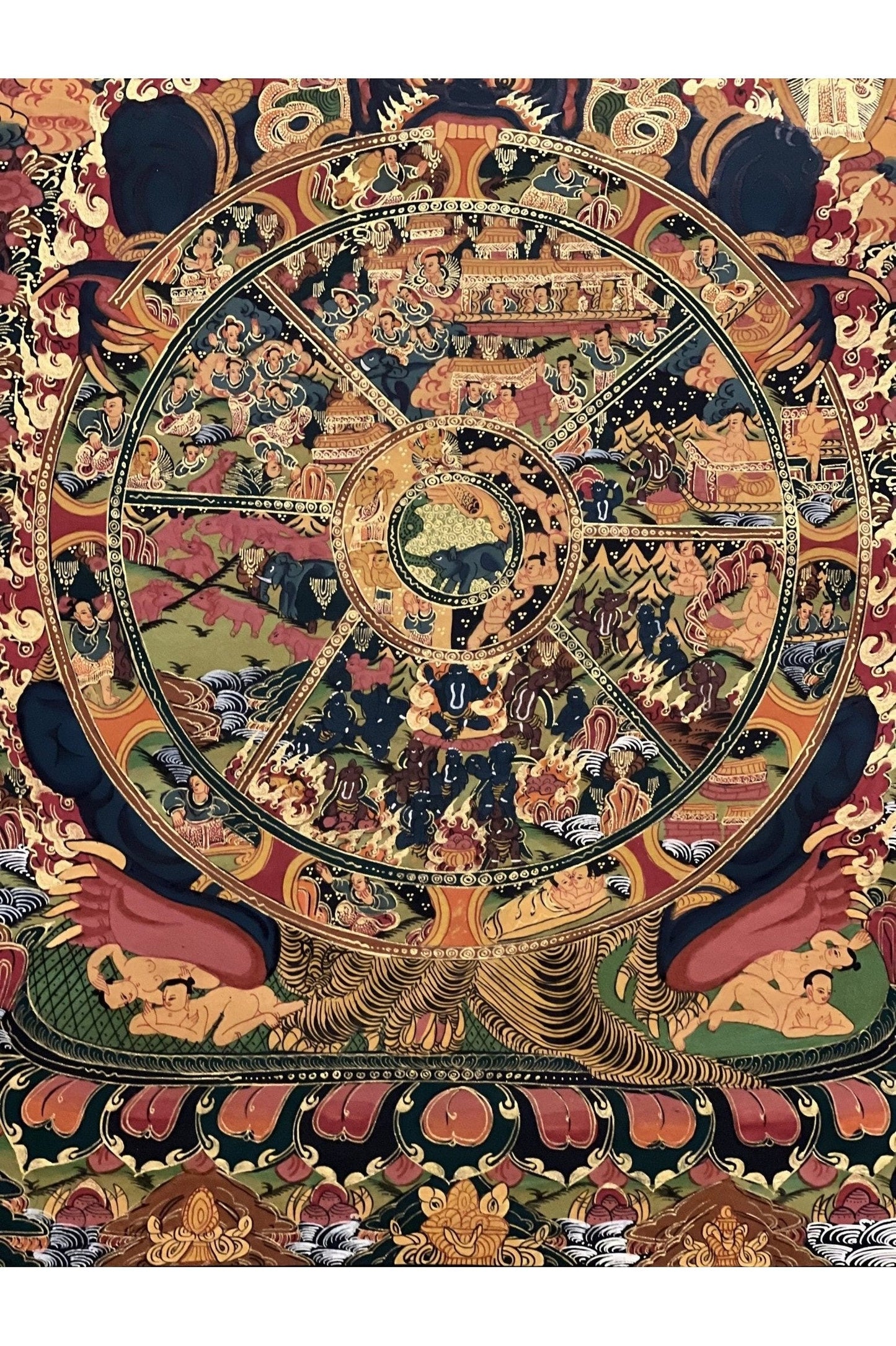 Wheel of Life Bhavacakra/ Samsara Mandala Masterpiece Smoky Tibetan Thangka Painting Original Art/ Meditation Wall Hanging - Tibetan Thangka Art