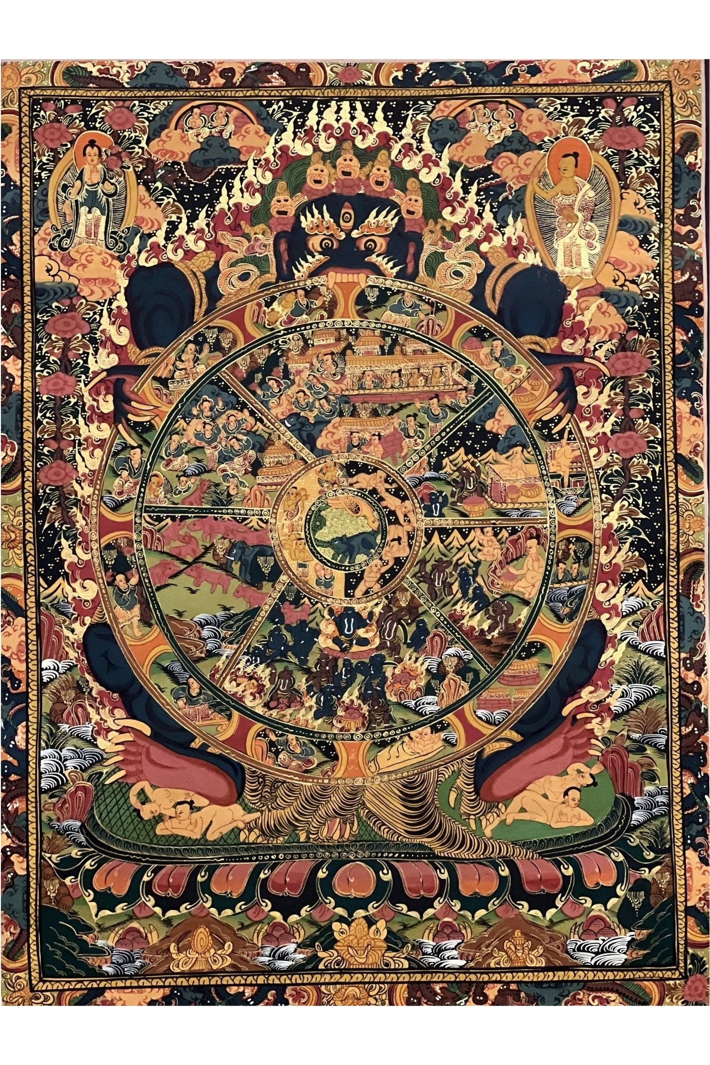 Wheel of Life Bhavacakra/ Samsara Mandala Masterpiece Smoky Tibetan Thangka Painting Original Art/ Meditation Wall Hanging - Tibetan Thangka Art