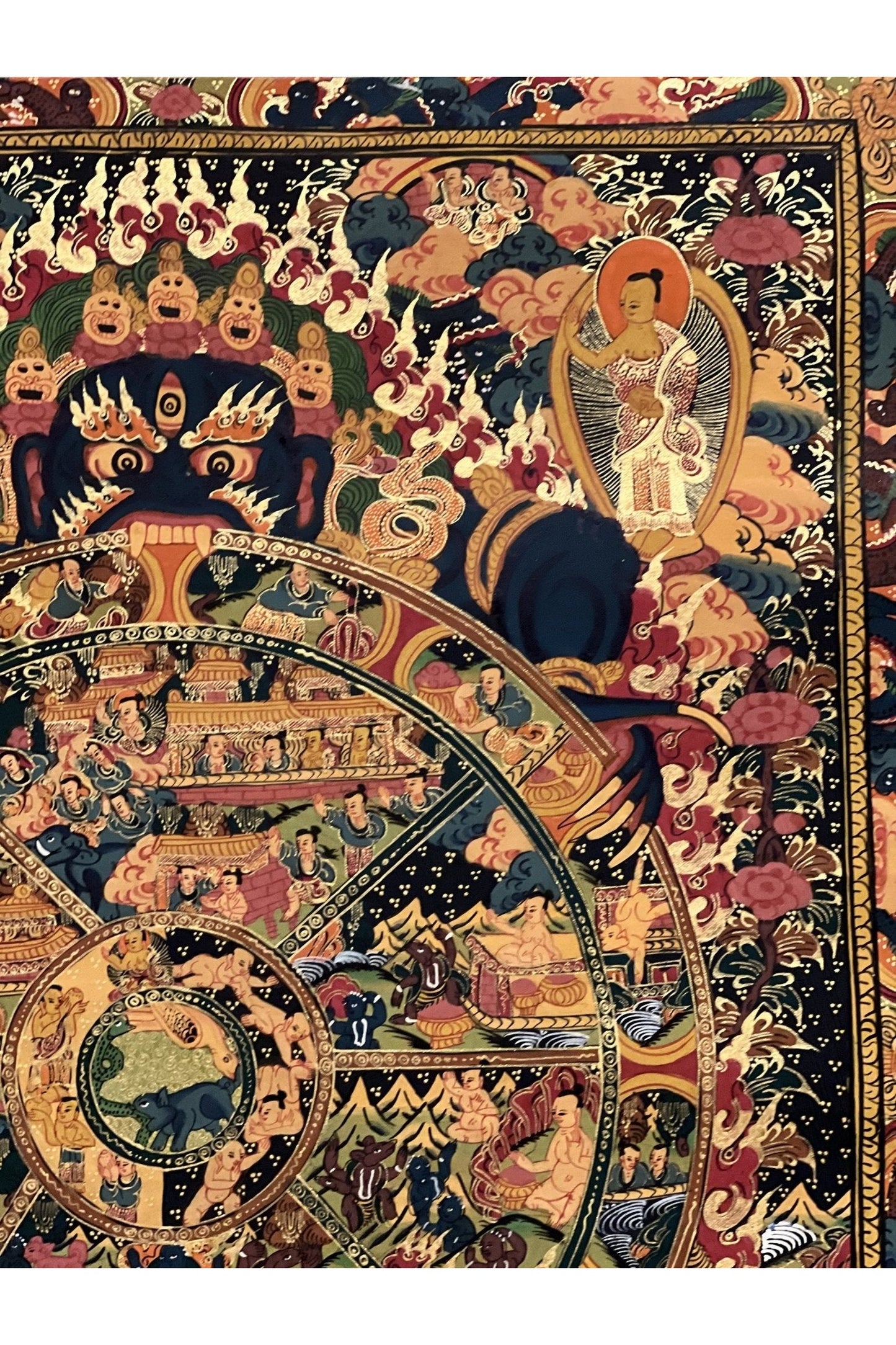 Wheel of Life Bhavacakra/ Samsara Mandala Masterpiece Smoky Tibetan Thangka Painting Original Art/ Meditation Wall Hanging - Tibetan Thangka Art