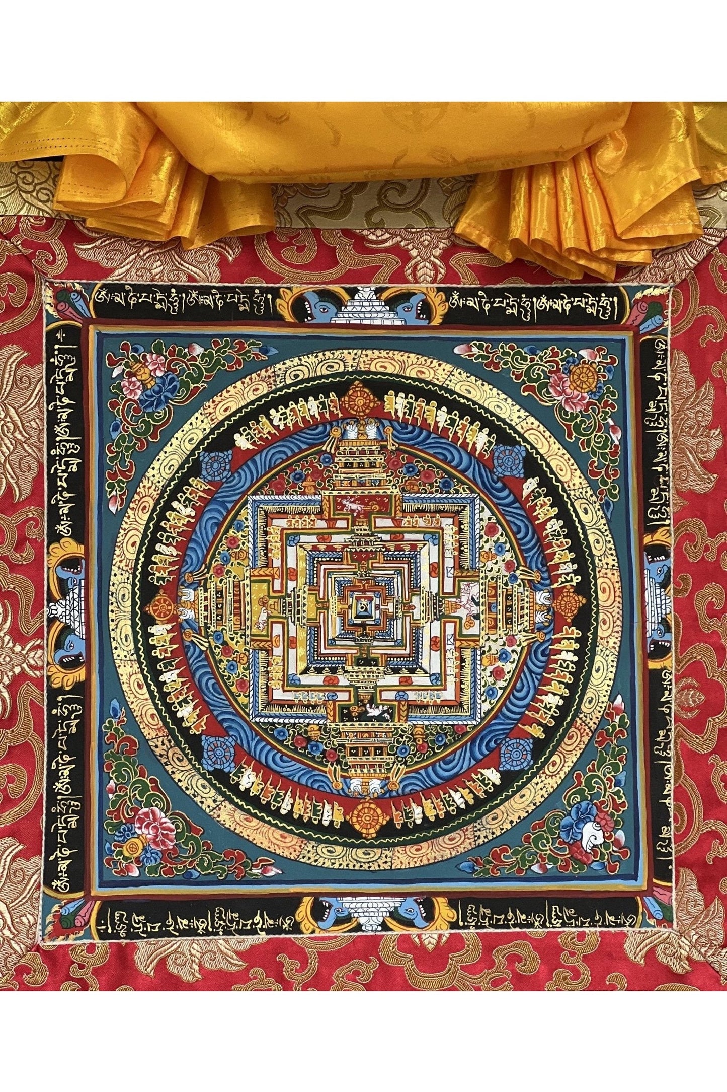 Wheel of Life/ Wheel of Time/ Kalachakra Mandala Tibetan Thangka Painting Original Buddhist Art/ Wall Hanging with Silk Brocade - Tibetan Thangka Art