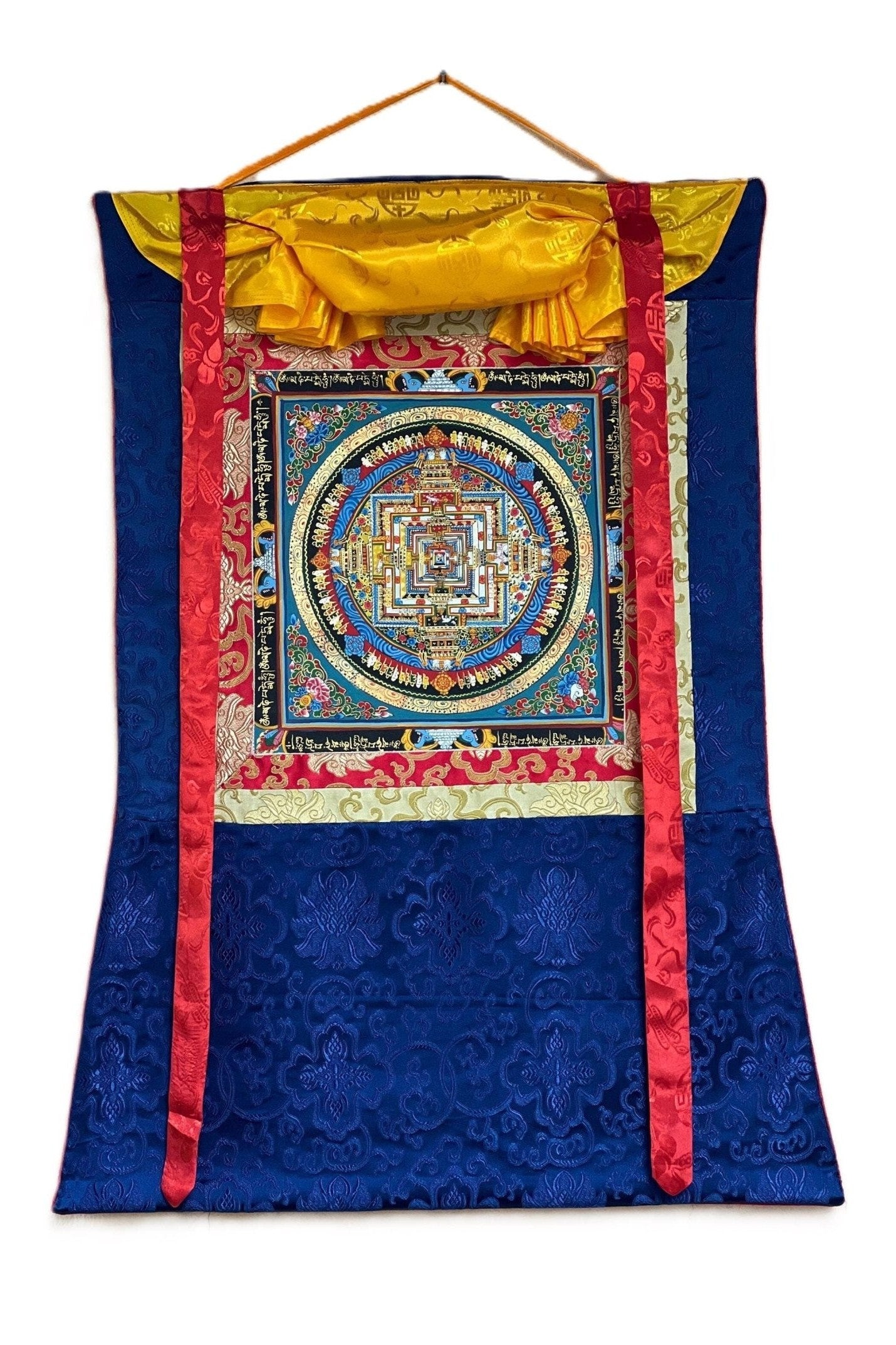 Wheel of Life/ Wheel of Time/ Kalachakra Mandala Tibetan Thangka Painting Original Buddhist Art/ Wall Hanging with Silk Brocade - Tibetan Thangka Art