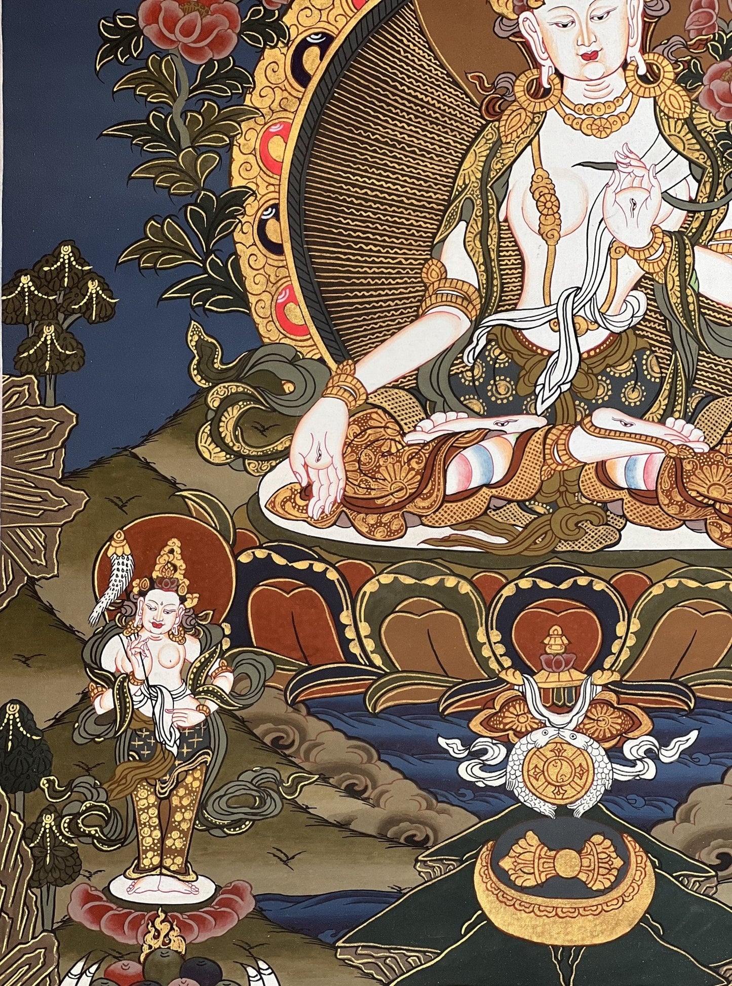 White Tara / Mother Goddess / Original Hand Painted Masterpiece Tibetan Compassion Meditation Thangka Painting with Premium Silk Brocade - Tibetan Thangka Art