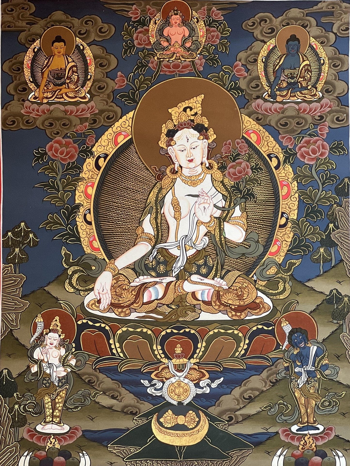 White Tara / Mother Goddess / Original Hand Painted Masterpiece Tibetan Compassion Meditation Thangka Painting with Premium Silk Brocade - Tibetan Thangka Art