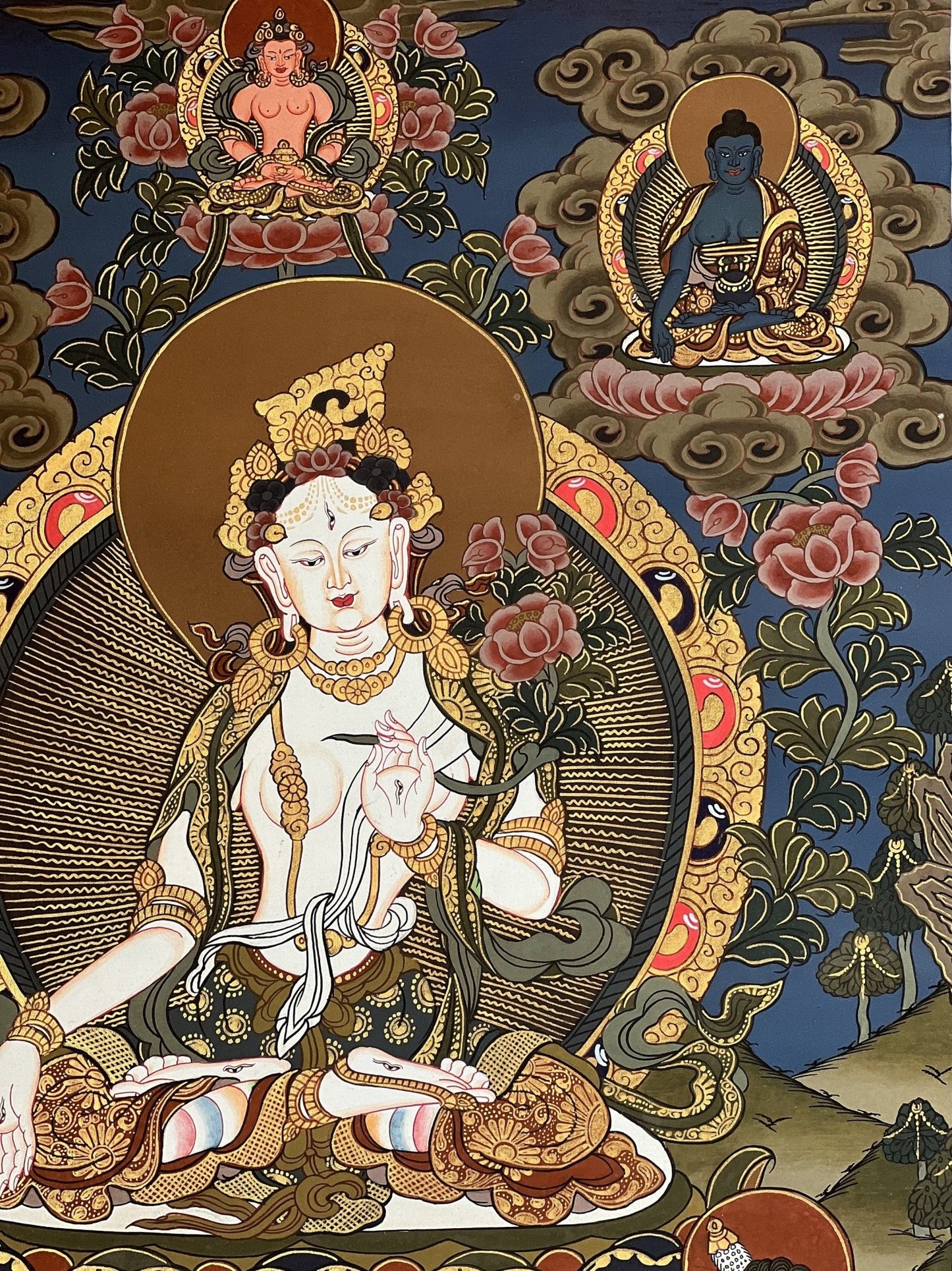 White Tara / Mother Goddess / Original Hand Painted Masterpiece Tibetan Compassion Meditation Thangka Painting with Premium Silk Brocade - Tibetan Thangka Art