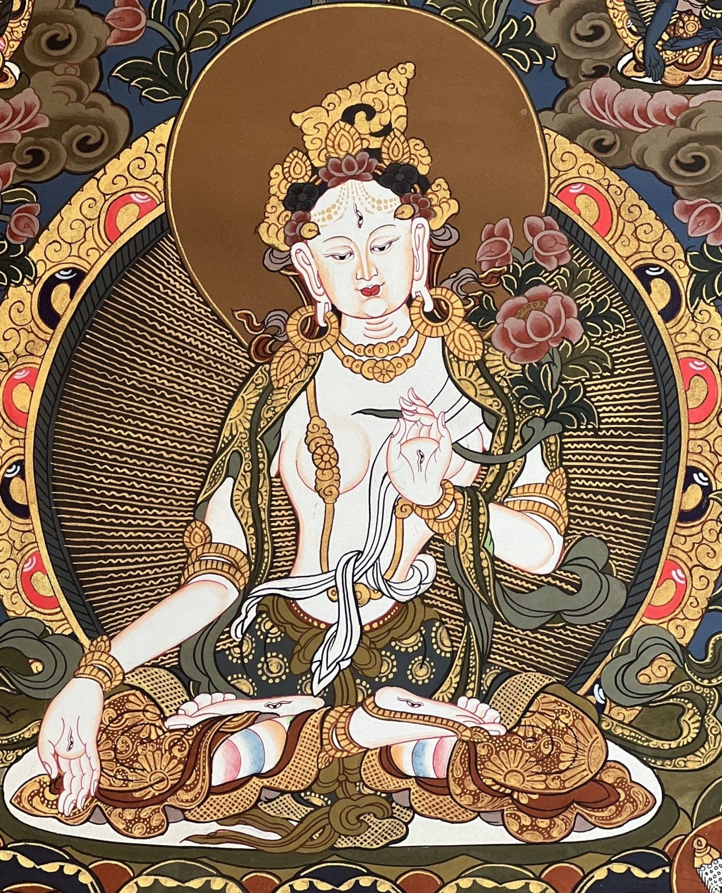 White Tara / Mother Goddess / Original Hand Painted Masterpiece Tibetan Compassion Meditation Thangka Painting with Premium Silk Brocade - Tibetan Thangka Art