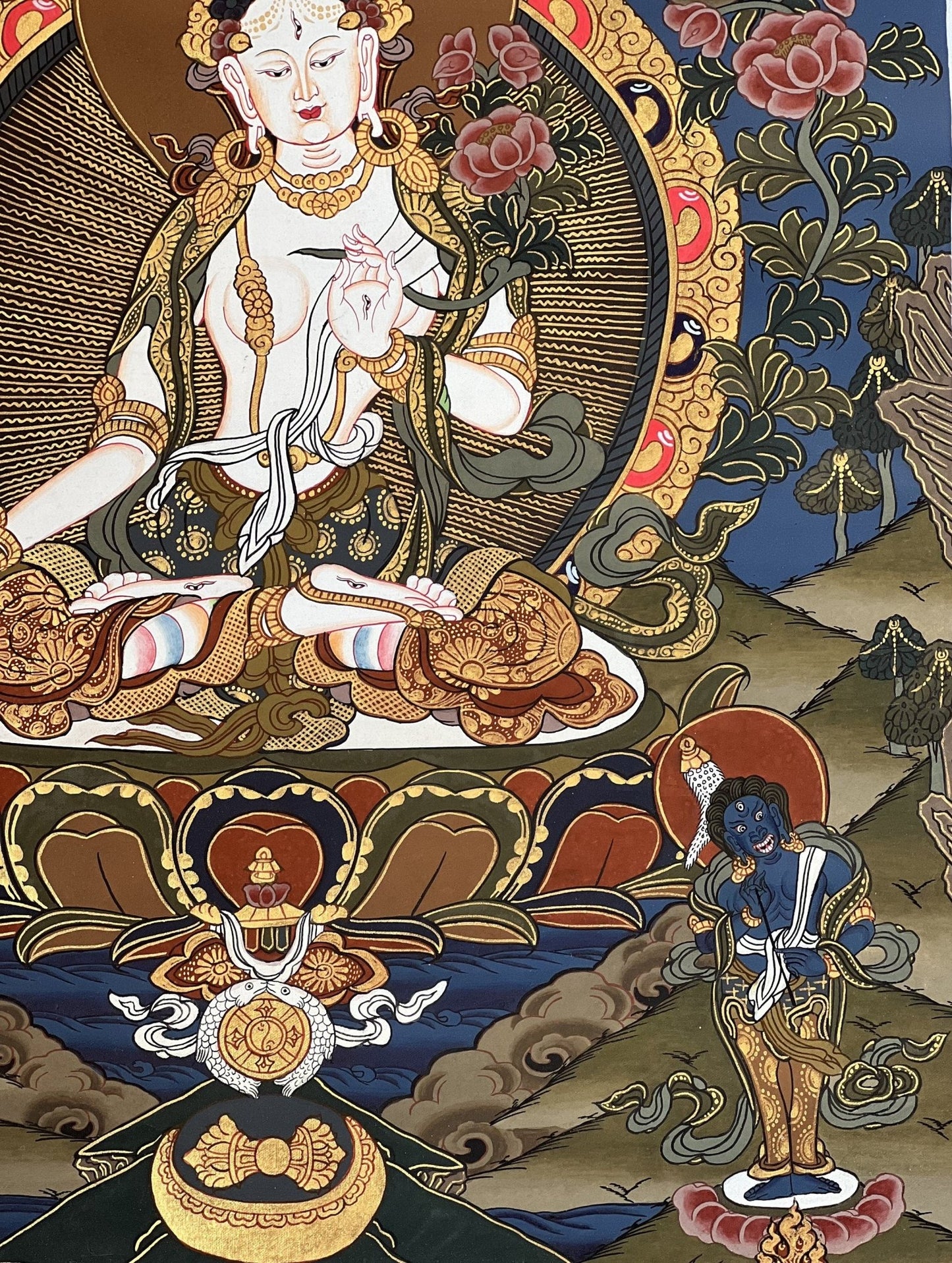 White Tara / Mother Goddess / Original Hand Painted Masterpiece Tibetan Compassion Meditation Thangka Painting with Premium Silk Brocade - Tibetan Thangka Art