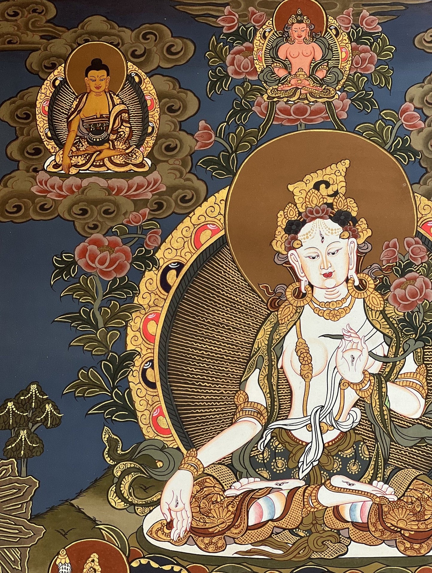 White Tara / Mother Goddess / Original Hand Painted Masterpiece Tibetan Compassion Meditation Thangka Painting with Premium Silk Brocade - Tibetan Thangka Art