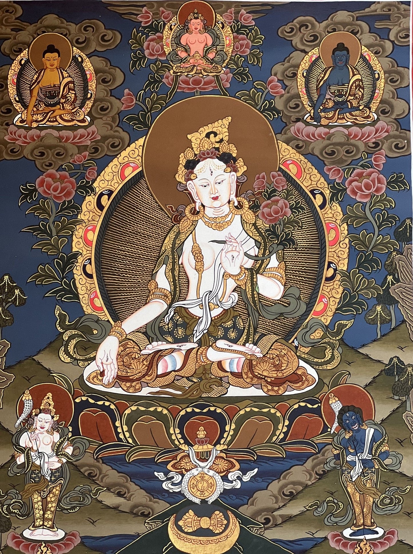 White Tara / Mother Goddess / Original Hand Painted Masterpiece Tibetan Compassion Meditation Thangka Painting with Premium Silk Brocade - Tibetan Thangka Art