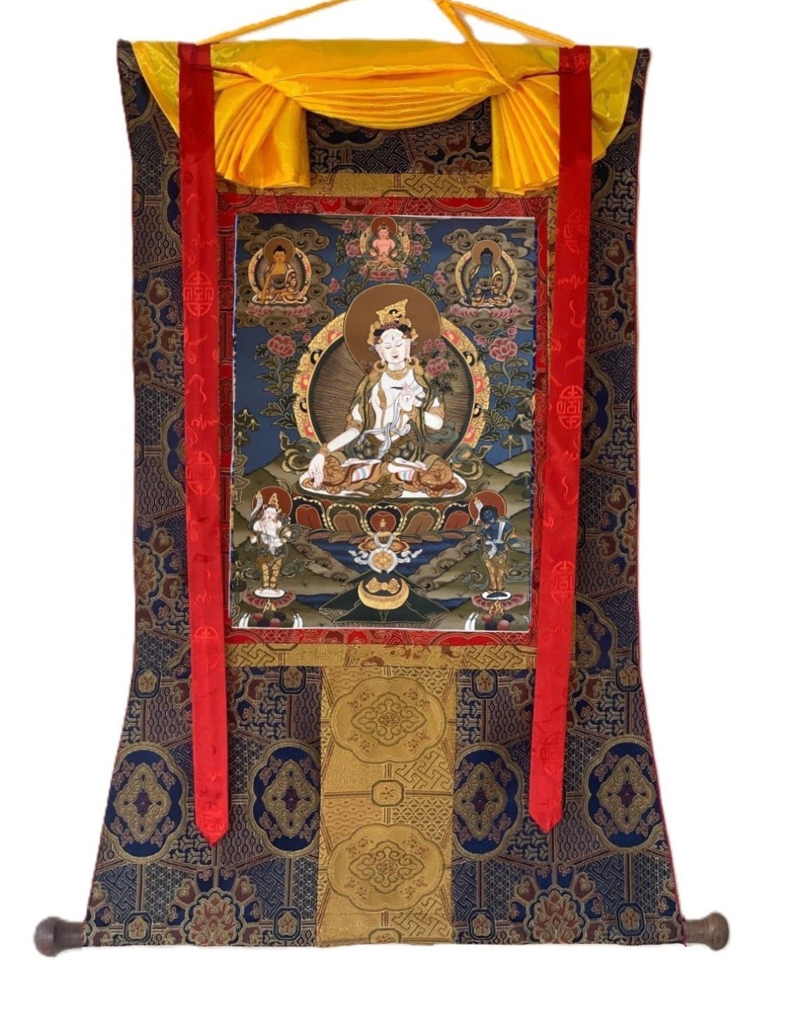 White Tara / Mother Goddess / Original Hand Painted Masterpiece Tibetan Compassion Meditation Thangka Painting with Premium Silk Brocade - Tibetan Thangka Art