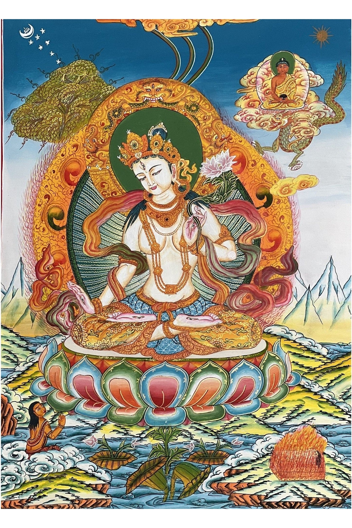 White Tara/ Mother Tara Compassion Goddess Masterpiece Newari Paubha/Pauva Thangka Painting Original Art - Tibetan Thangka Art