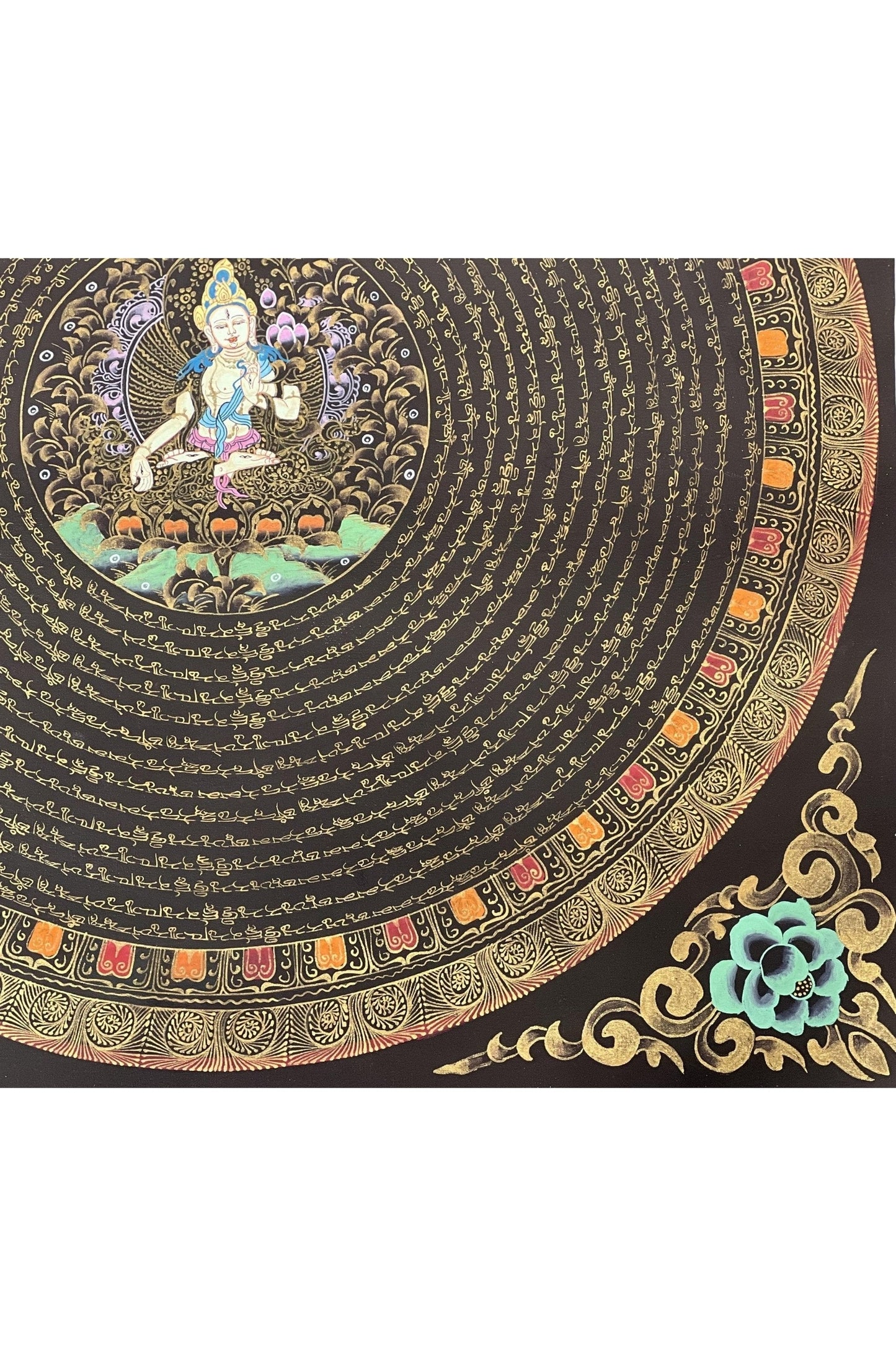 White Tara Sacred Om Mani Padme Hum Mantra Mandala Tibetan Thangka Painting/ Original Hand - Painted Art for Meditation/ Healing - Tibetan Thangka Art