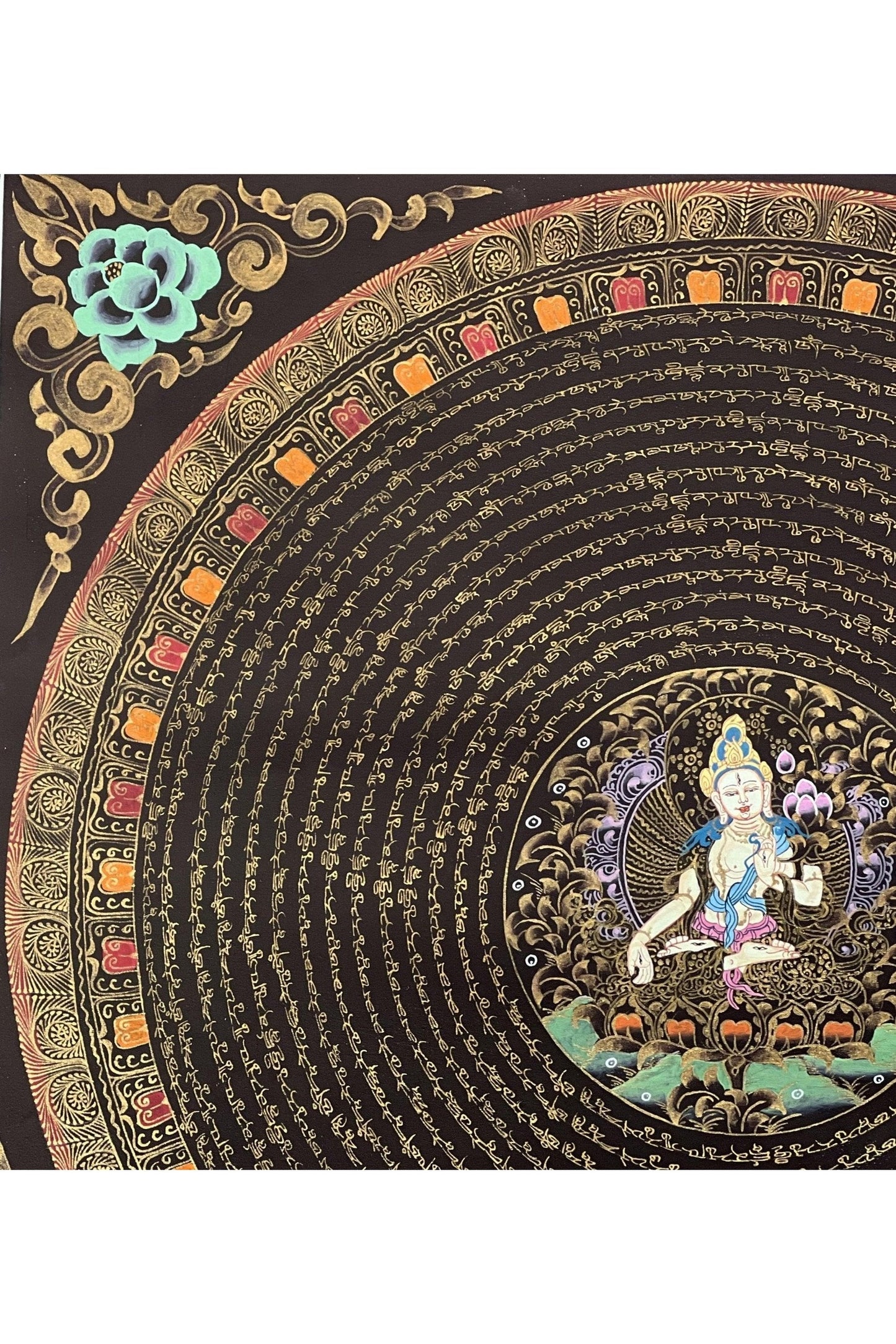 White Tara Sacred Om Mani Padme Hum Mantra Mandala Tibetan Thangka Painting/ Original Hand - Painted Art for Meditation/ Healing - Tibetan Thangka Art