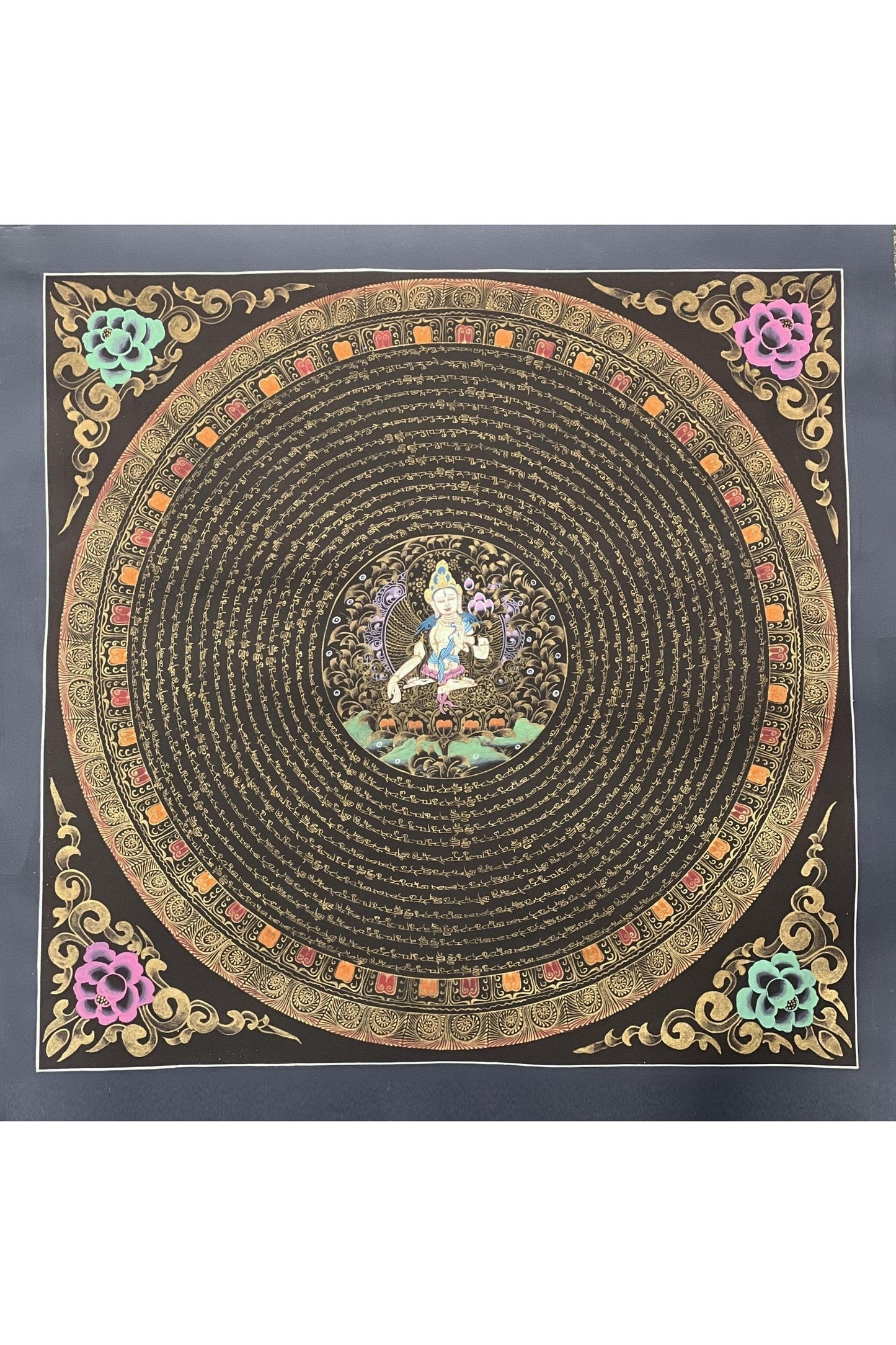 White Tara Sacred Om Mani Padme Hum Mantra Mandala Tibetan Thangka Painting/ Original Hand - Painted Art for Meditation/ Healing - Tibetan Thangka Art