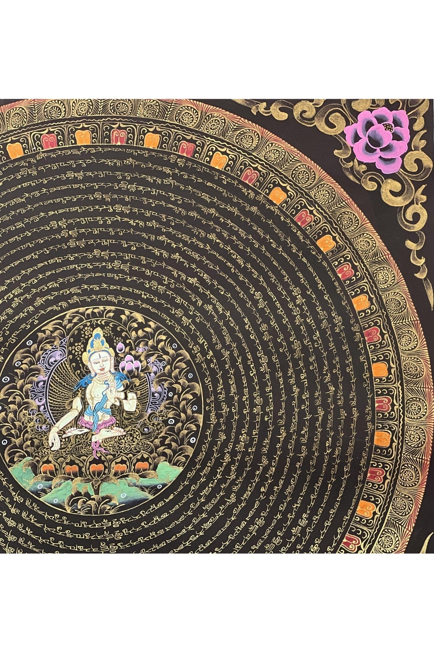 White Tara Sacred Om Mani Padme Hum Mantra Mandala Tibetan Thangka Painting/ Original Hand - Painted Art for Meditation/ Healing - Tibetan Thangka Art