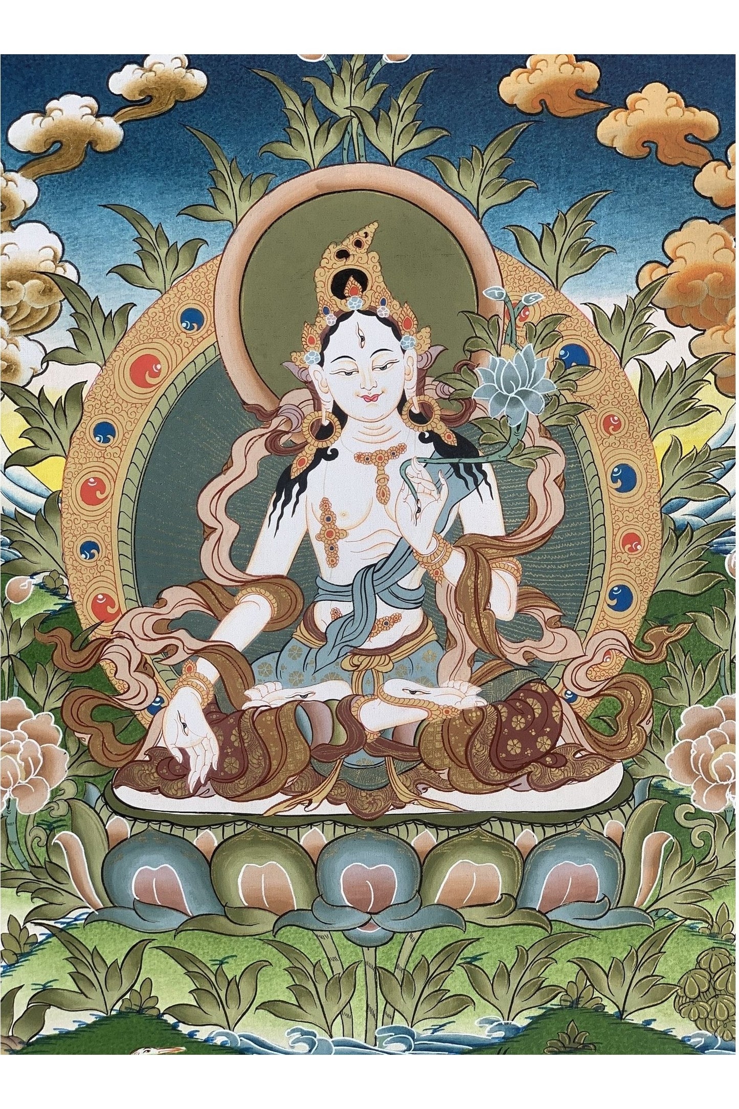 White Tara, Sitatara, Mother Goddess, Hand Painted Tibetan Thangka Painting Original Meditation Art 16 x 22 Inch - Tibetan Thangka Art