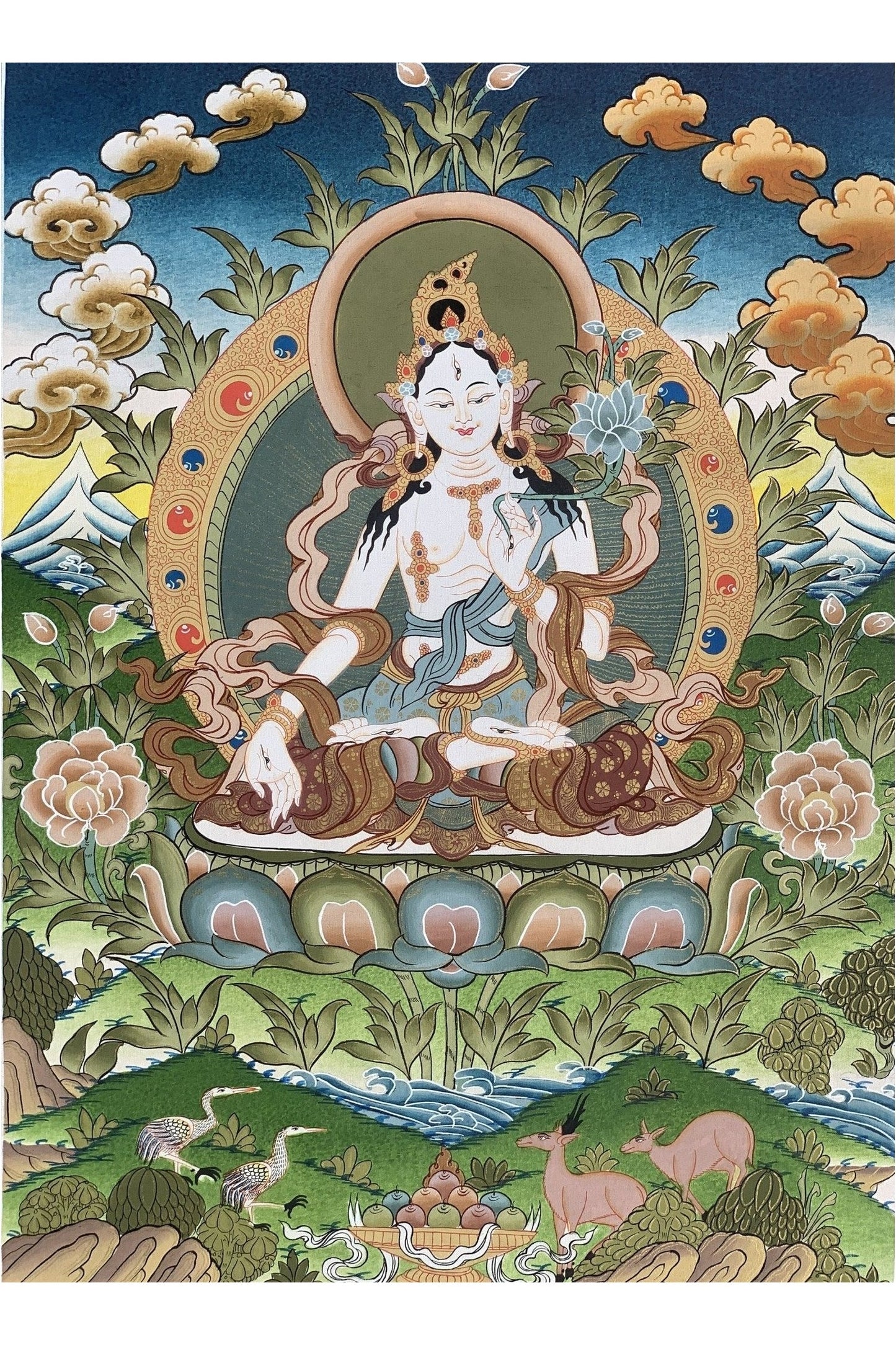 White Tara, Sitatara, Mother Goddess, Hand Painted Tibetan Thangka Painting Original Meditation Art 16 x 22 Inch - Tibetan Thangka Art