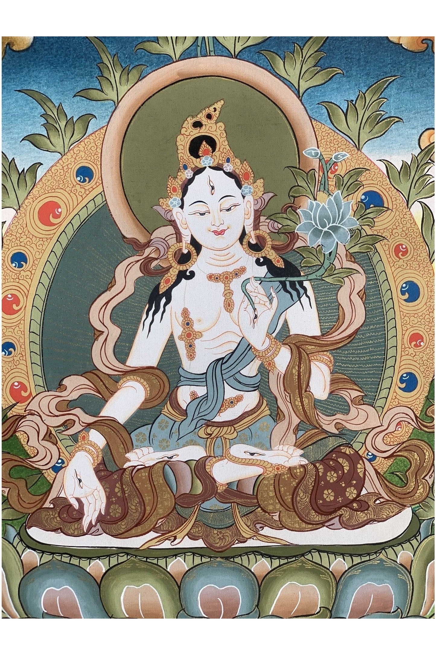 White Tara, Sitatara, Mother Goddess, Hand Painted Tibetan Thangka Painting Original Meditation Art 16 x 22 Inch - Tibetan Thangka Art
