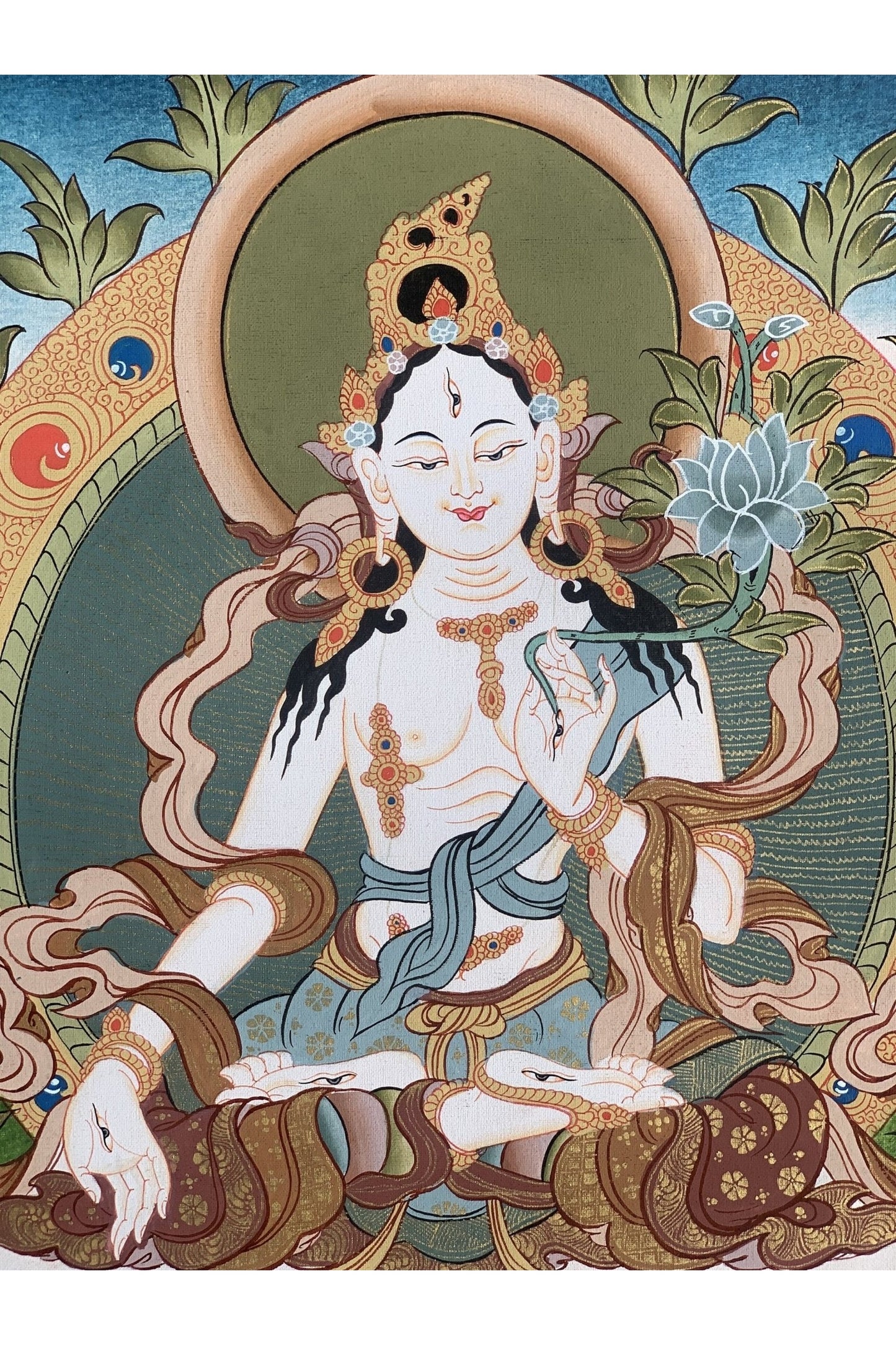 White Tara, Sitatara, Mother Goddess, Hand Painted Tibetan Thangka Painting Original Meditation Art 16 x 22 Inch - Tibetan Thangka Art