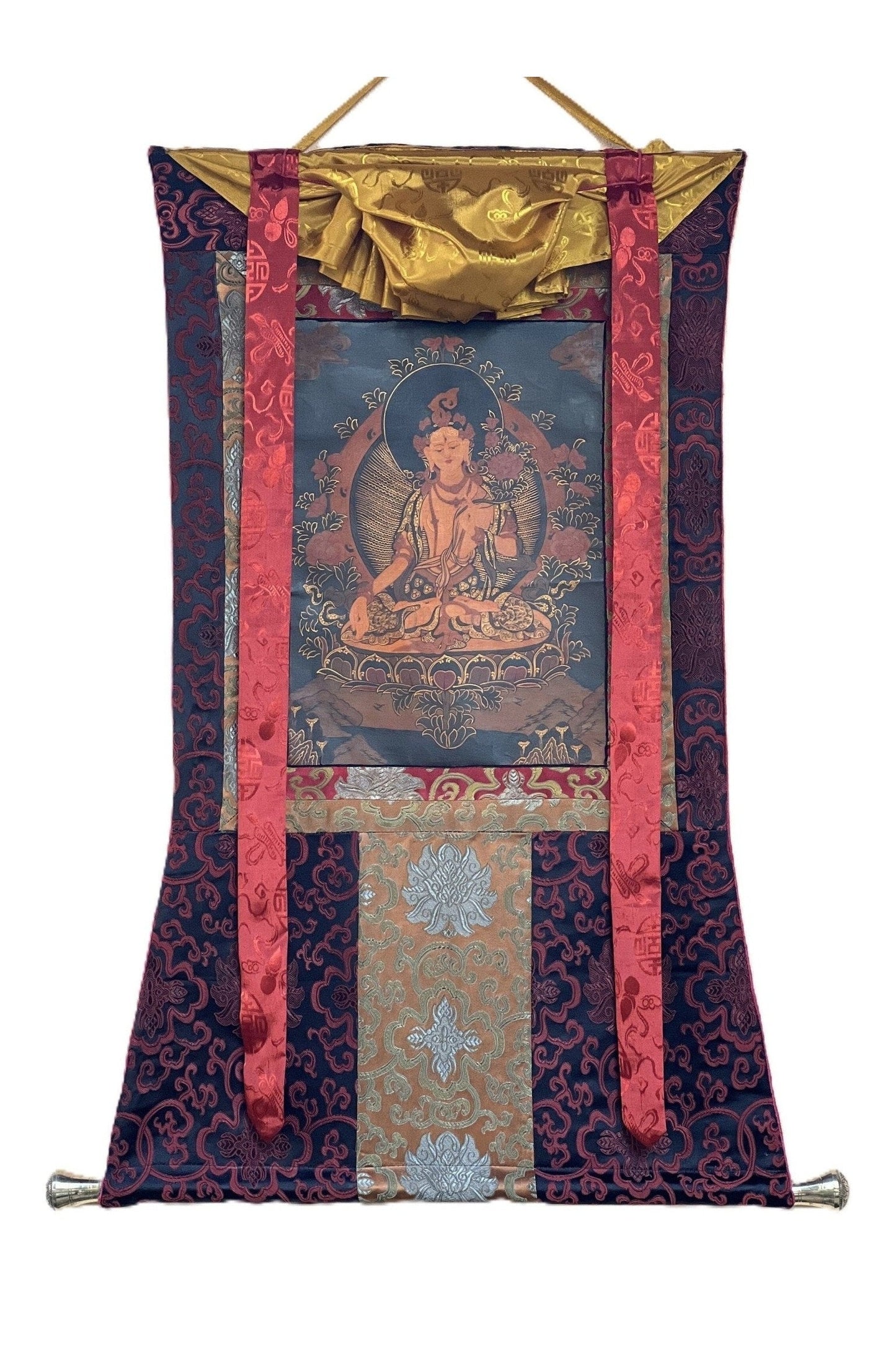 White Tara, Sitatara/ Mother Goddess Oil - Varnished Old Thangka Painting Original Art with Silk Brocade - Tibetan Thangka Art
