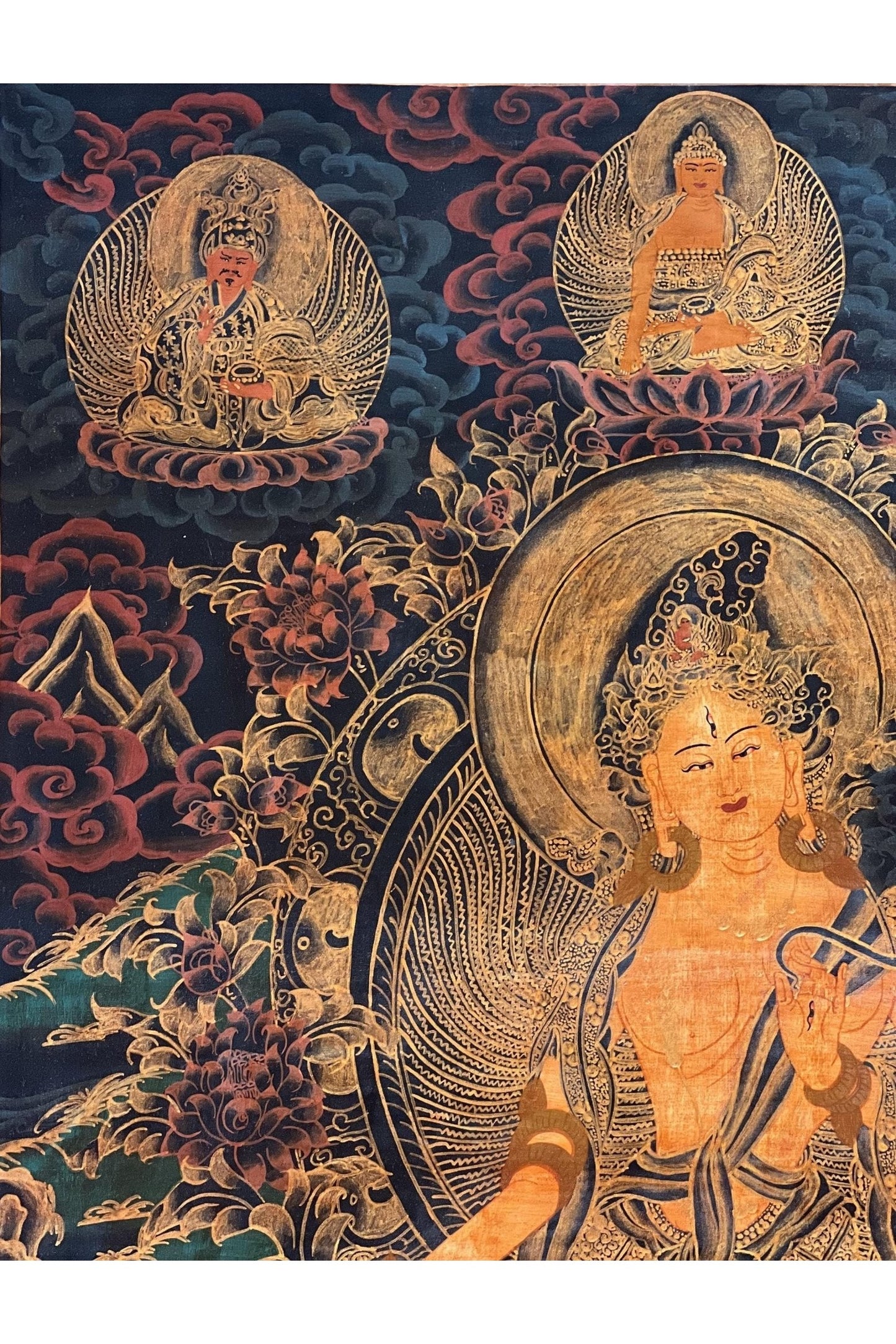 White Tara/ Sitatara/ Mother Goddess Old Oil Varnished Tibetan Thangka Painting/ Hand - Painting/ Buddhist Compassion Meditation Art - Tibetan Thangka Art