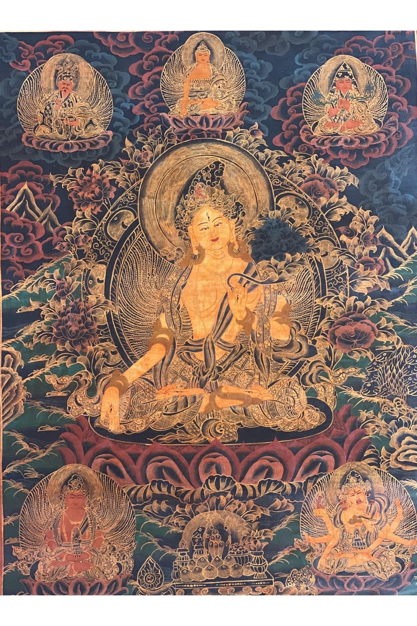 White Tara/ Sitatara/ Mother Goddess Old Oil Varnished Tibetan Thangka Painting/ Hand - Painting/ Buddhist Compassion Meditation Art - Tibetan Thangka Art