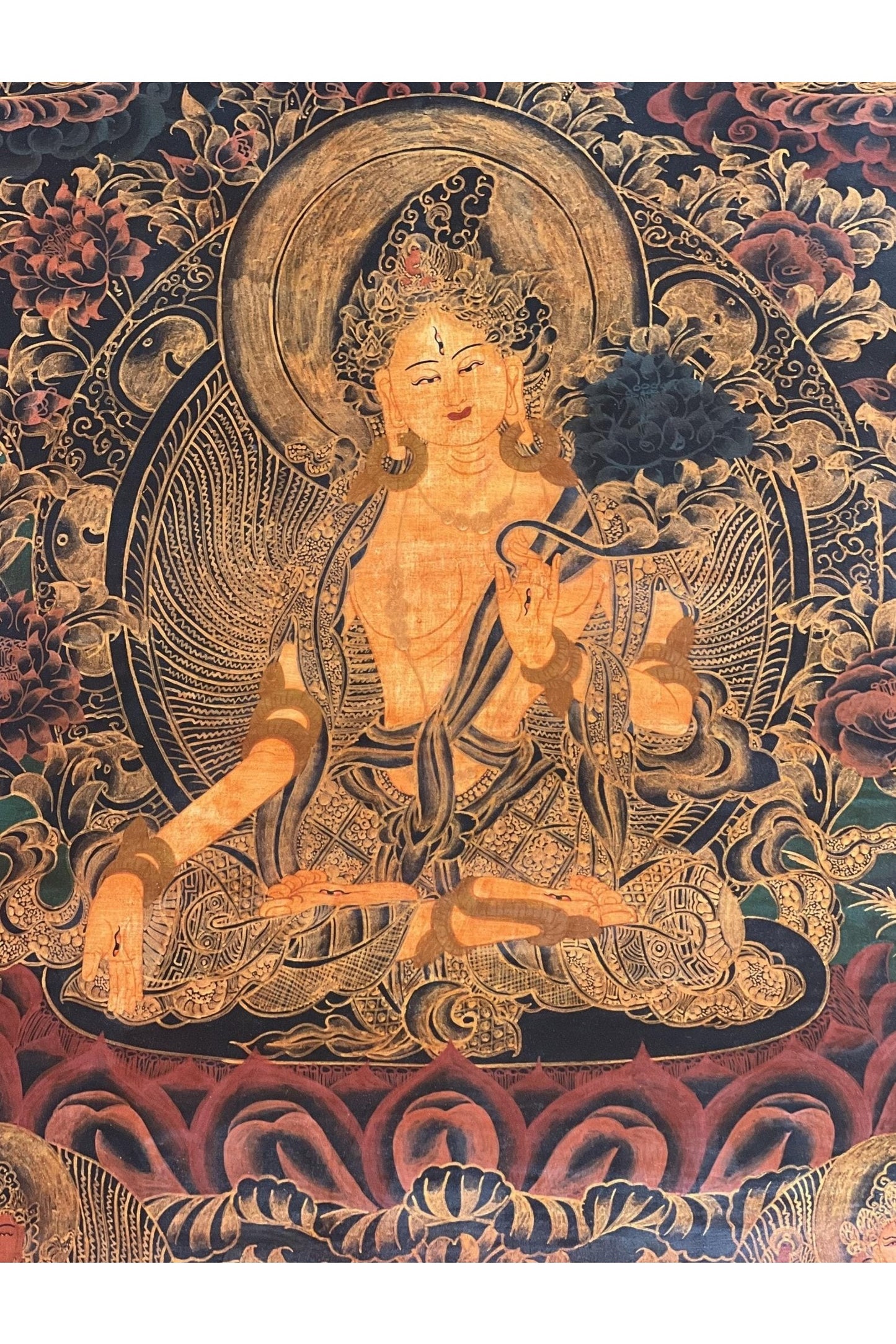 White Tara/ Sitatara/ Mother Goddess Old Oil Varnished Tibetan Thangka Painting/ Hand - Painting/ Buddhist Compassion Meditation Art - Tibetan Thangka Art