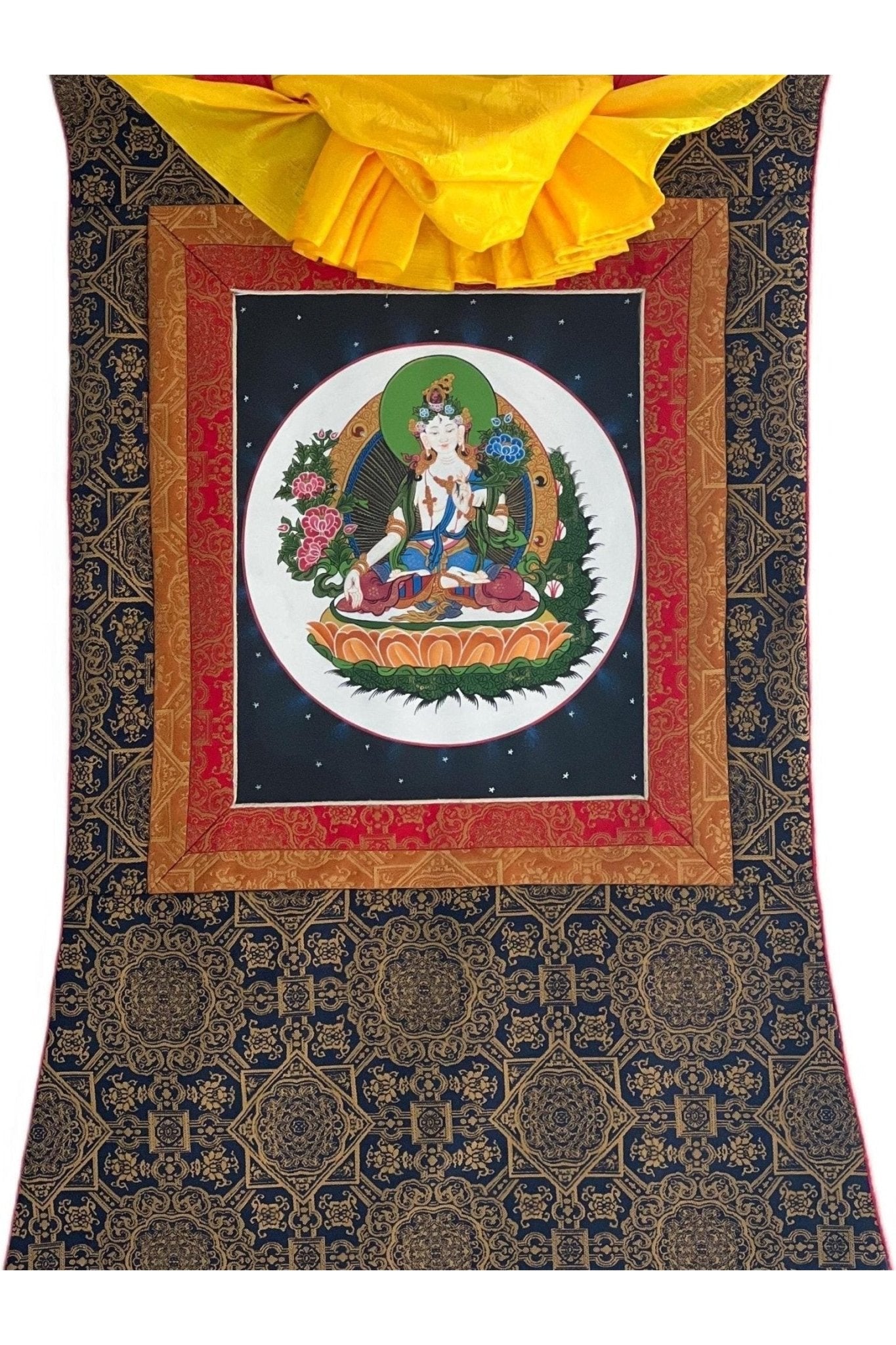 White Tara/ Sitatara / Mother Goddess Original Tibetan Thangka Painting/ Buddhist Meditation Art with Premium Silk Brocade - Tibetan Thangka Art