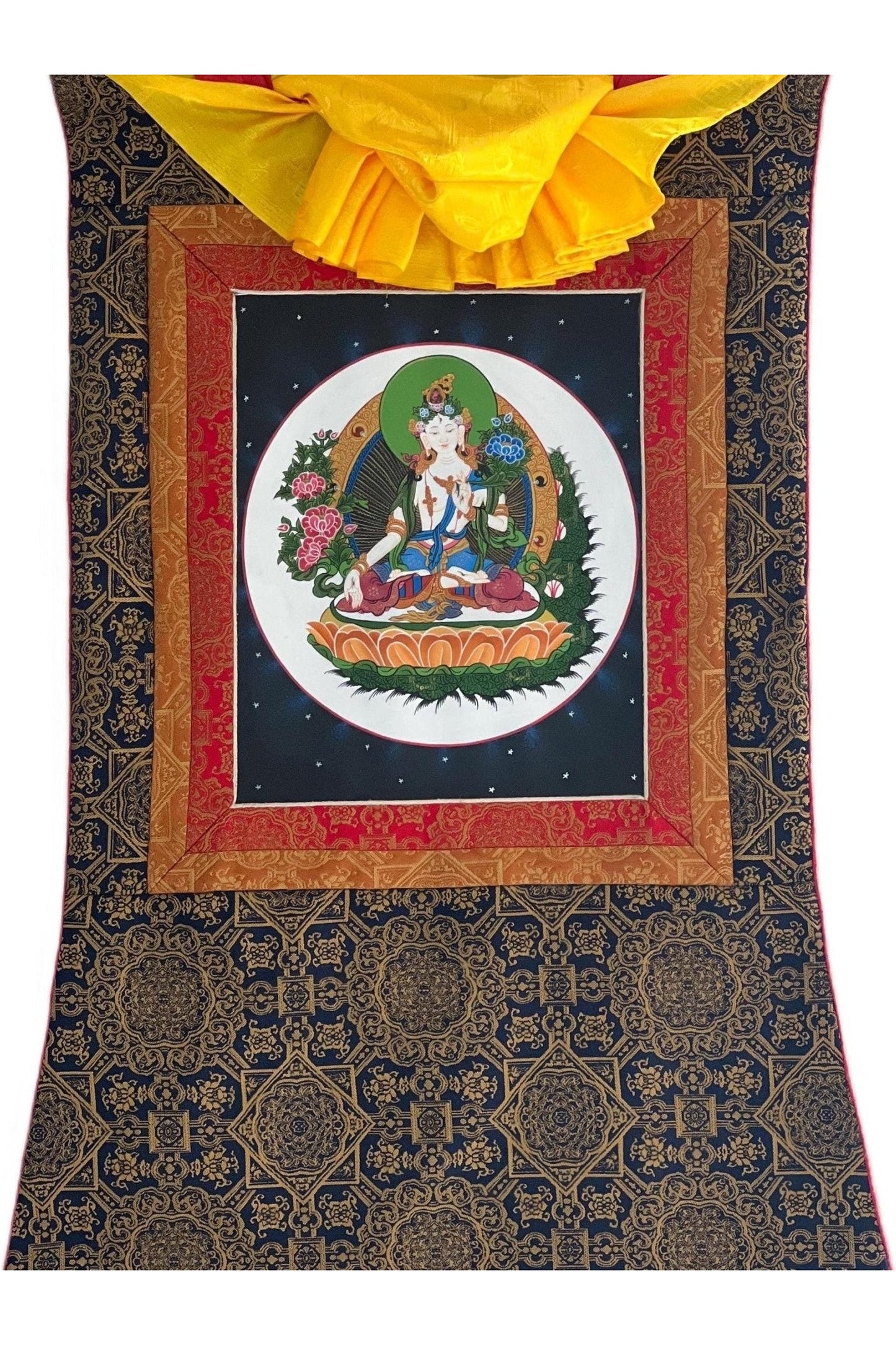 White Tara/ Sitatara / Mother Goddess Original Tibetan Thangka Painting/ Buddhist Meditation Art with Premium Silk Brocade - Tibetan Thangka Art