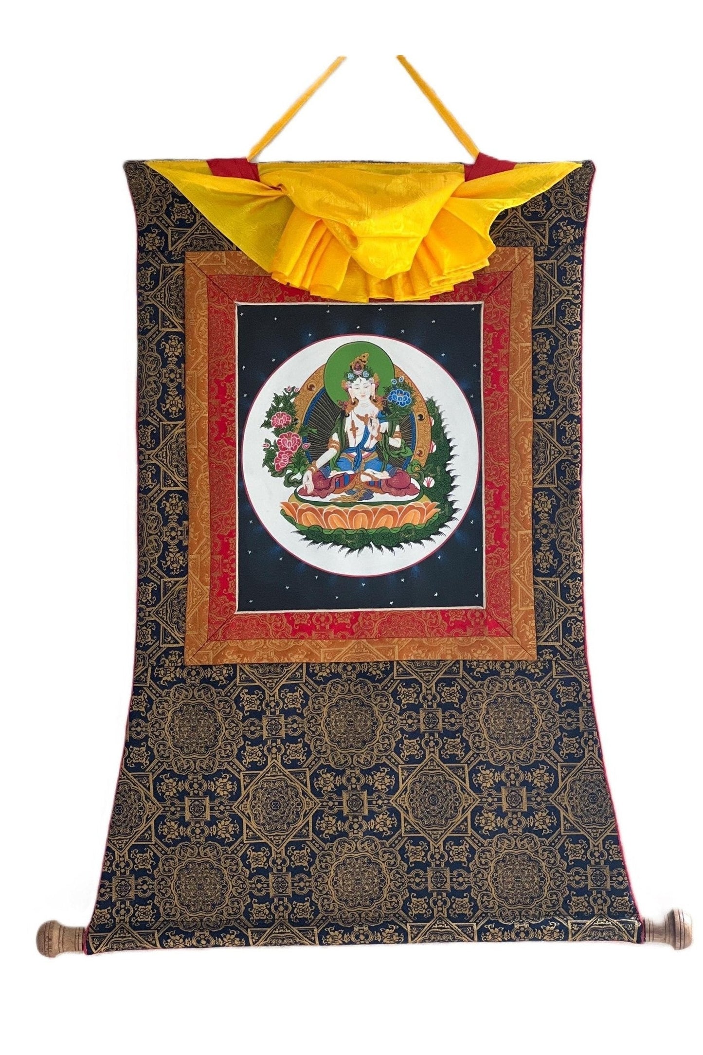 White Tara/ Sitatara / Mother Goddess Original Tibetan Thangka Painting/ Buddhist Meditation Art with Premium Silk Brocade - Tibetan Thangka Art