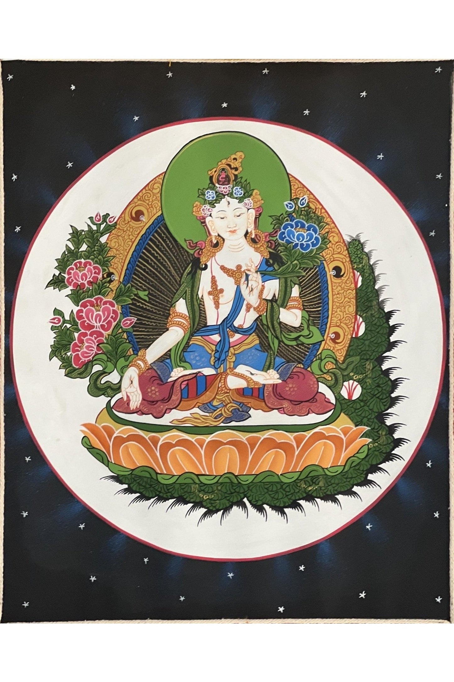 White Tara/ Sitatara / Mother Goddess Original Tibetan Thangka Painting/ Buddhist Meditation Art with Premium Silk Brocade - Tibetan Thangka Art