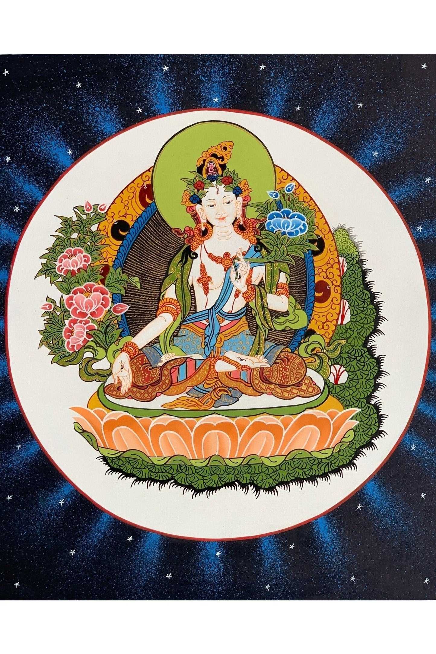 White Tara Sitatara Mother Goddess Tibetan Thangka Painting, Original Art/ Hand Painting from Nepal - Tibetan Thangka Art
