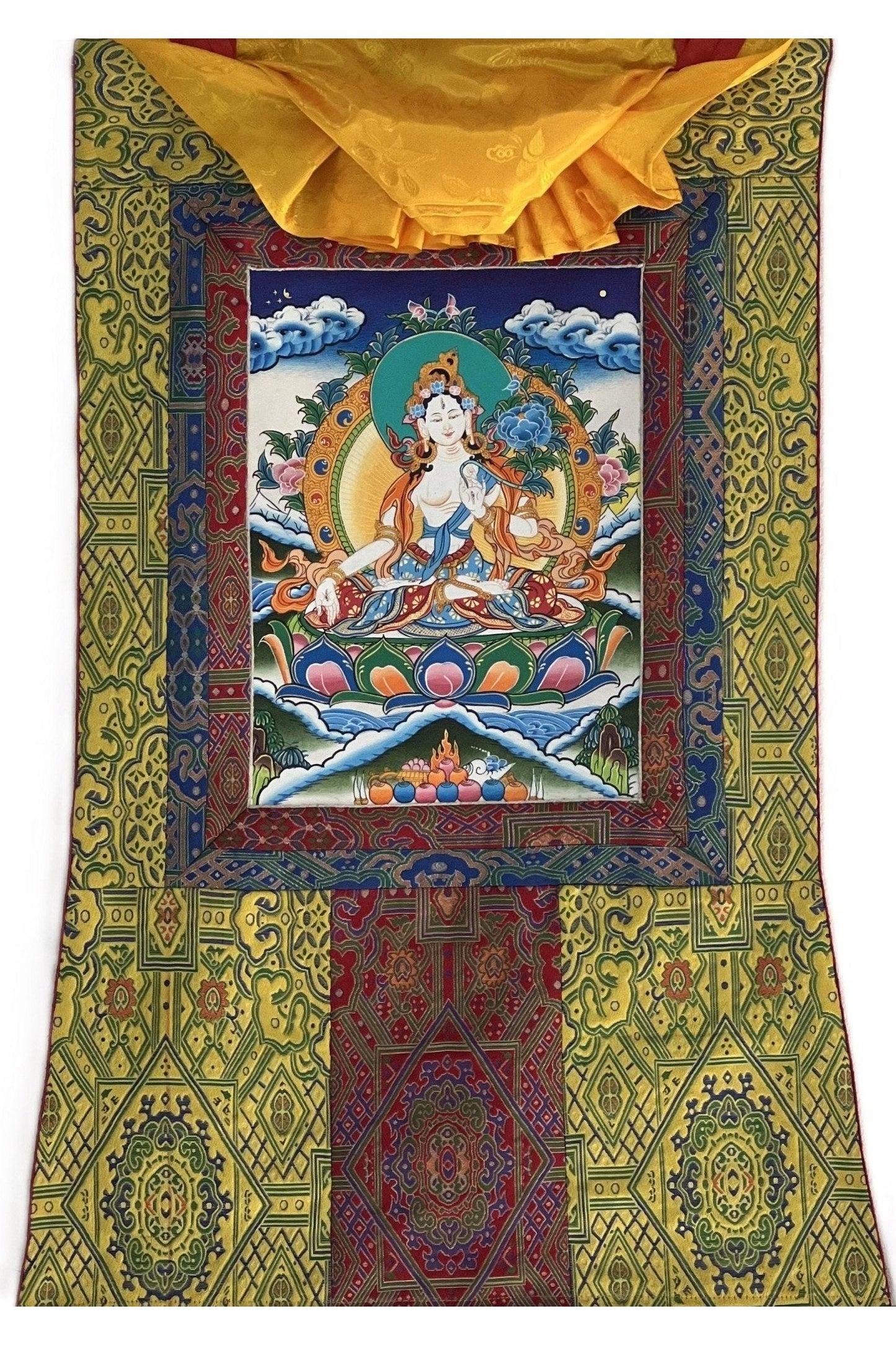 White Tara/Sitatara Goddess of Compassion Tibetan Thangka Painting/ Original Hand - Painted Buddhist Art with High - Quality Silk Brocade - Tibetan Thangka Art